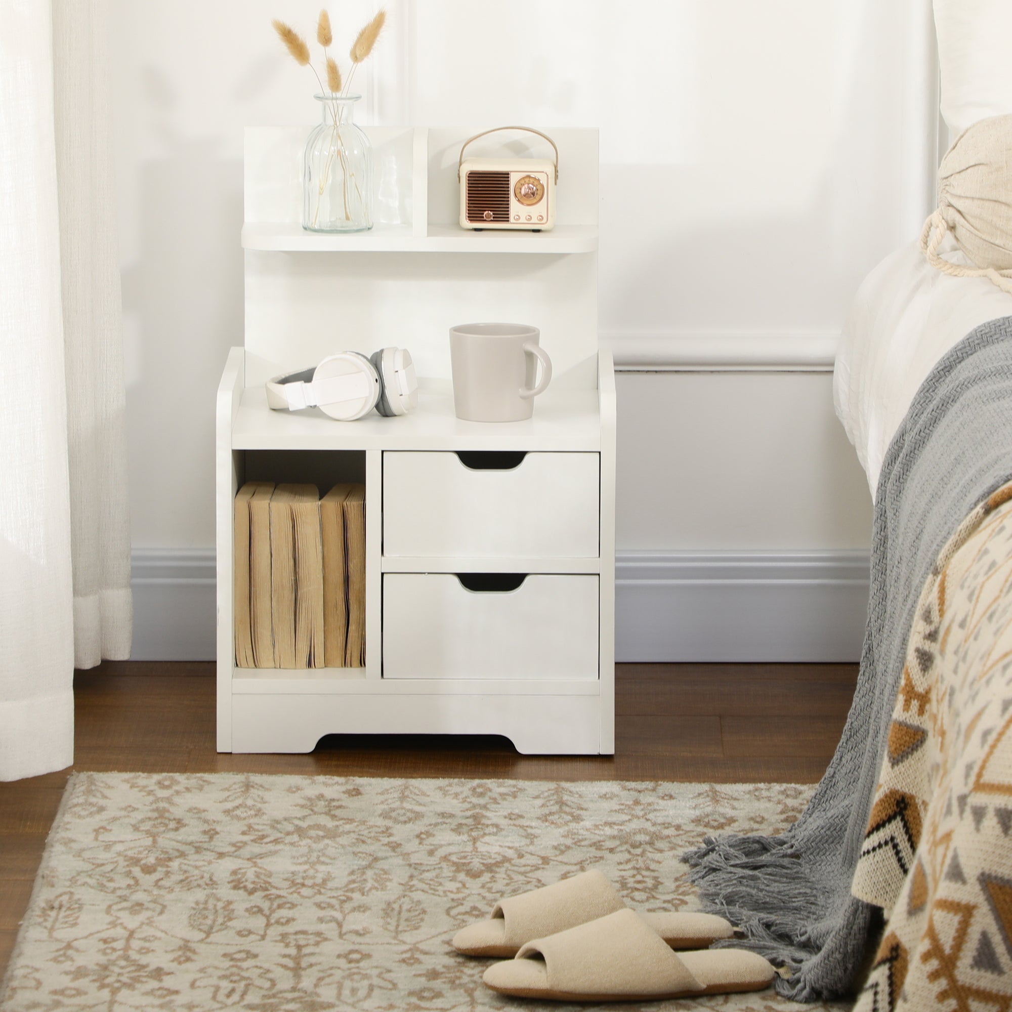 HOMCOM Bedside Table, Small Bedside Cabinet with 2 Drawers and Storage Shelves, Accent Table for Living Room, Bedroom, White - North Peak Garden Furniture