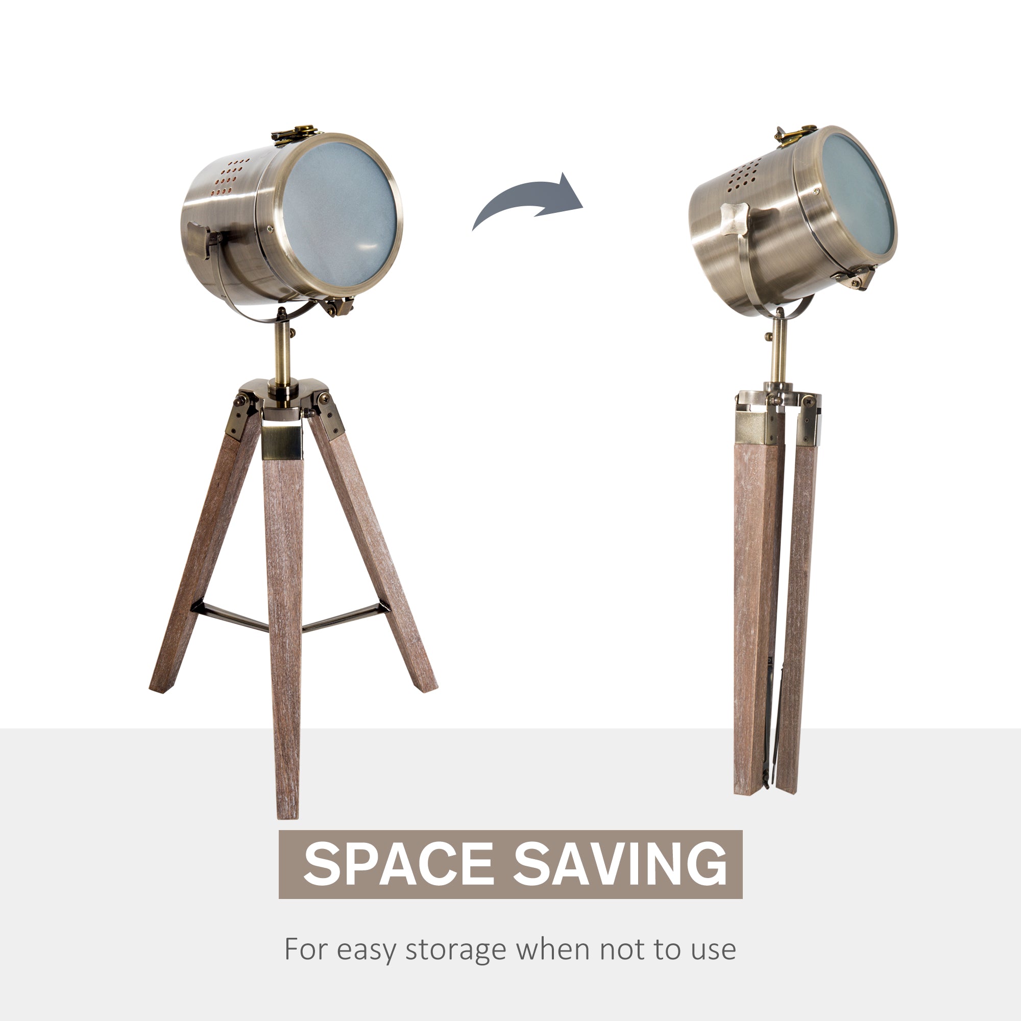 HOMCOM Vintage Tripod Table Desk Lamp Bedside Light Spotlight Brass Antique Searchlight Wooden Base - North Peak Garden Furniture