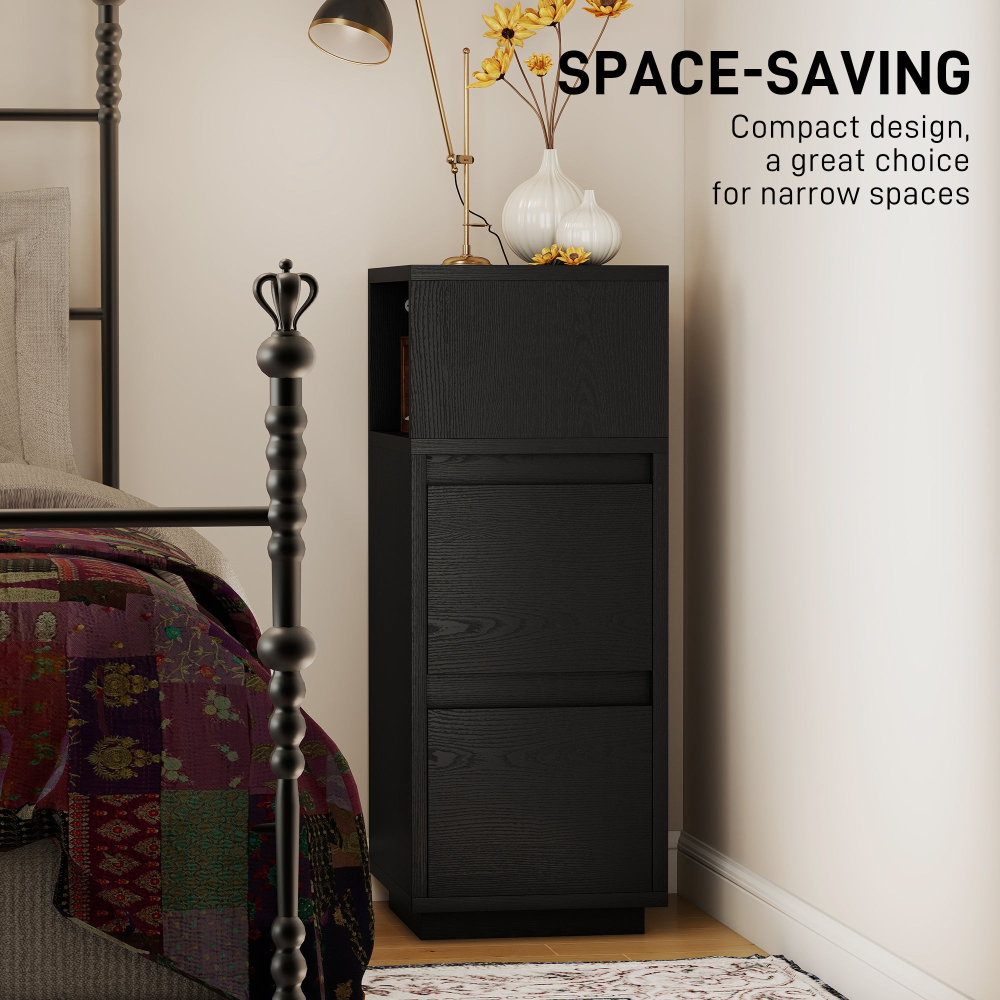 HOMCOM Slim Bedside Table, Narrow Bedside Cabinet with Open Shelf and 2 Drawers for Bedroom, Living Room, Black