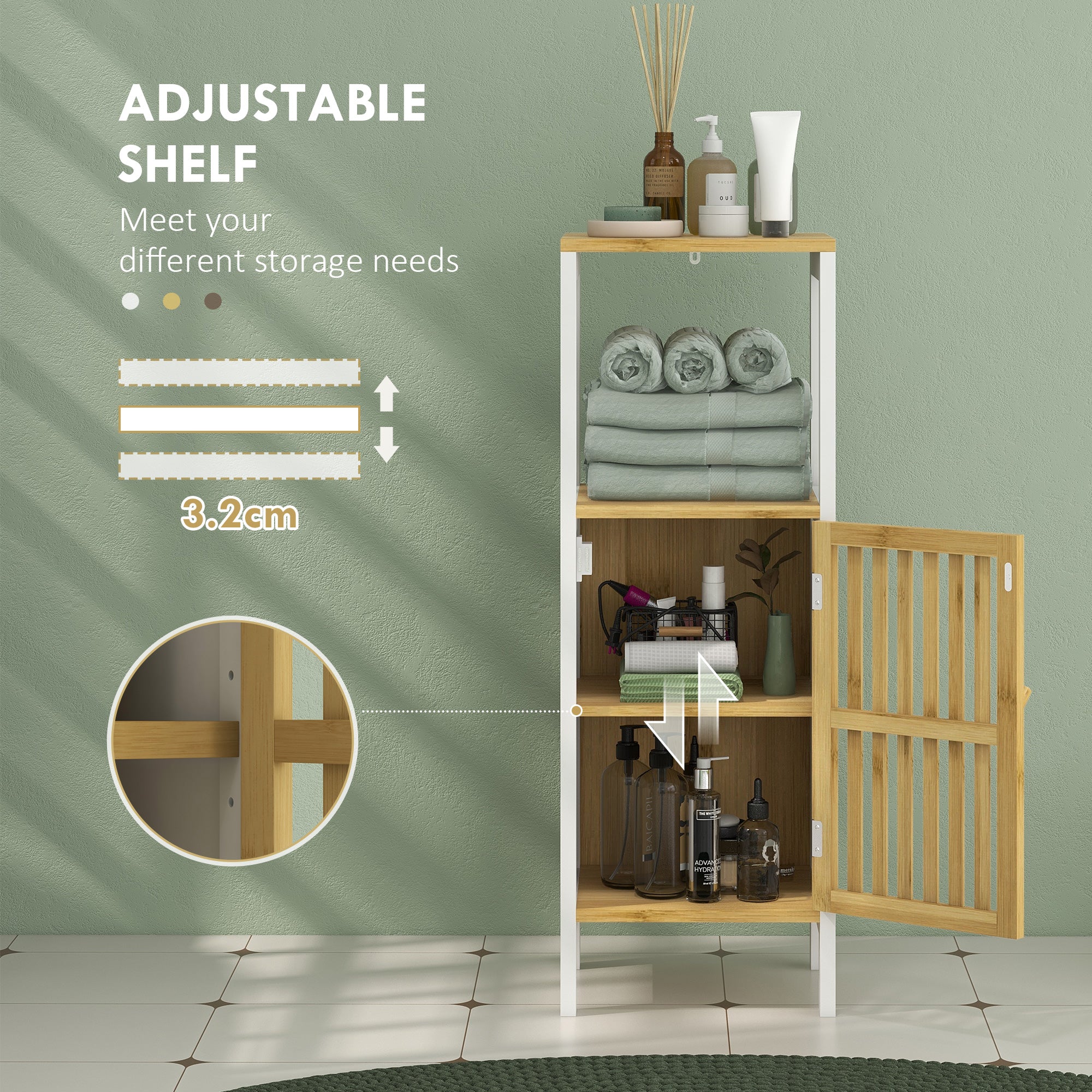 HOMCOM Bamboo-Blend Retro Cut-Out Bathroom Storage Unit, with Cupboard - North Peak Garden Furniture