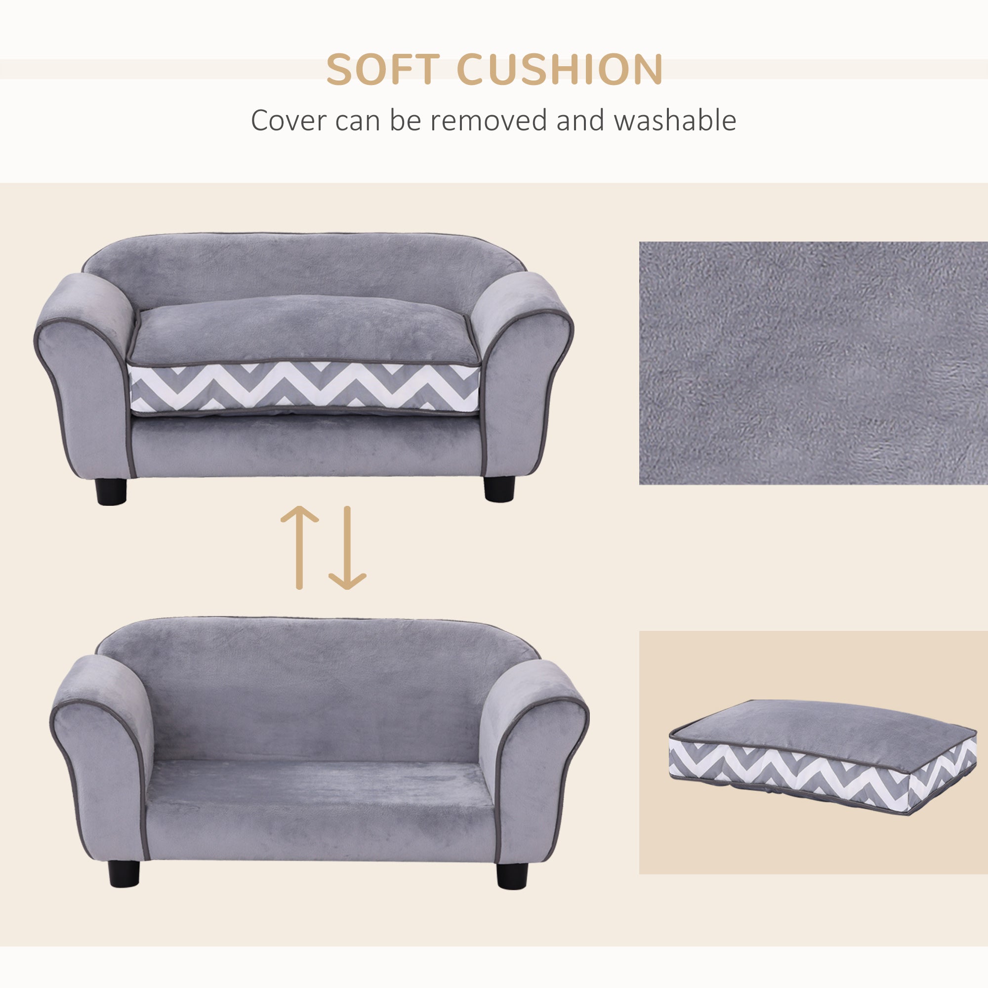PawHut Dog Sofa Bed for XS-Sized Dogs, Cat Sofa with Soft Cushion, Pet Chair Lounge with Washable Cover, Removable Legs, Wooden Frame - Grey - North Peak Garden Furniture