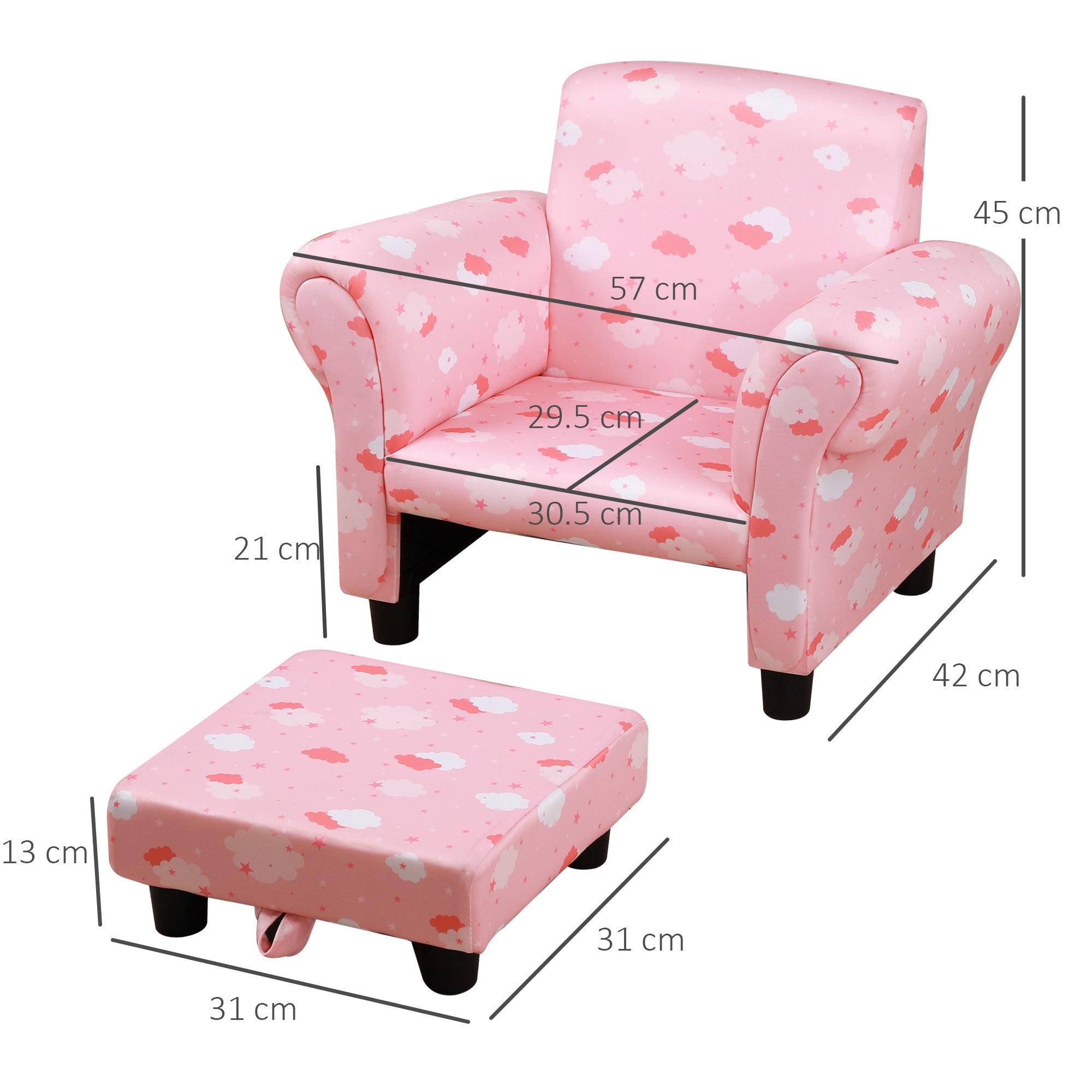 HOMCOM Toddler Chair Children's Armchairs Wood Frame w/ Footrest Anti-Slip Legs High Back Arms for Bedroom Playroom Cute Cloud Star Pink - North Peak Garden Furniture