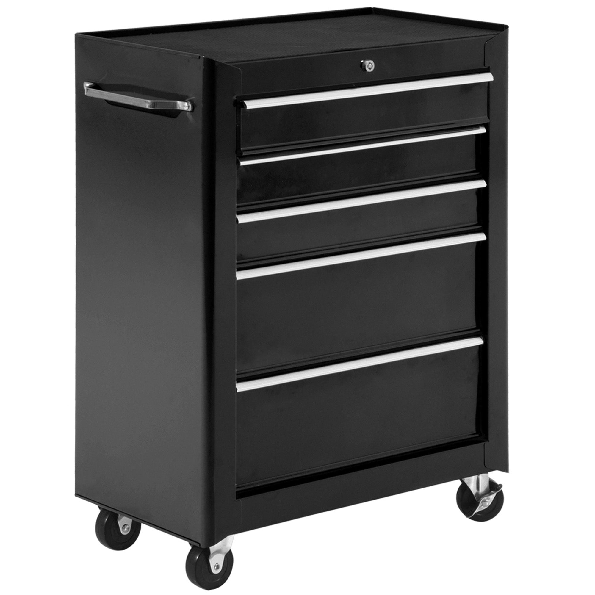 HOMCOM 5-Drawer Tool Chest, Lockable Steel Tool Storage Cabinet with Wheels and Handle Tool Box for Garage, Workshop, Black - North Peak Garden Furniture