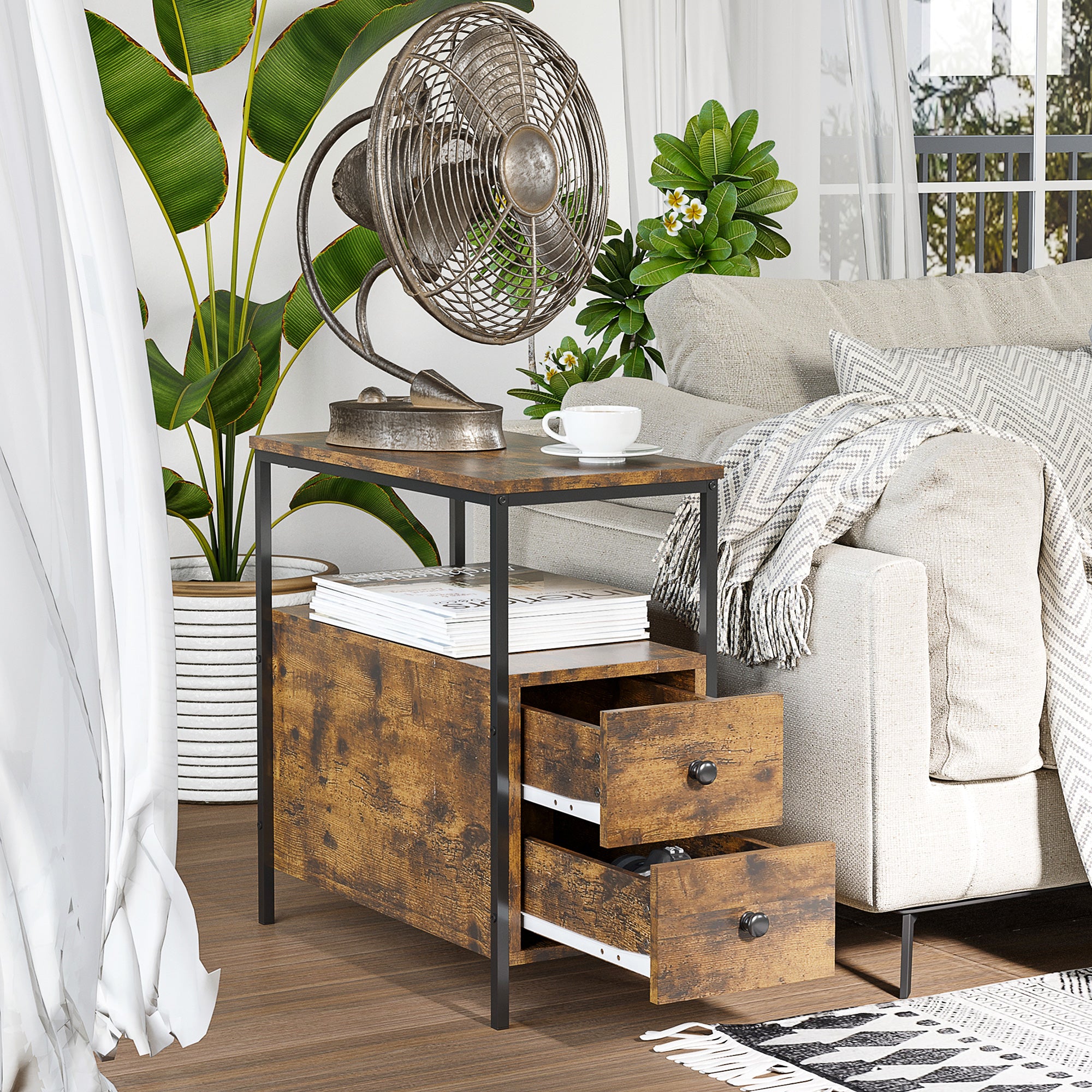 HOMCOM Side Table, Narrow Bedside Table with 2 Drawers and Storage Shelf, Industrial End Table with Metal Frame for Small Spaces, Rustic Brown - North Peak Garden Furniture