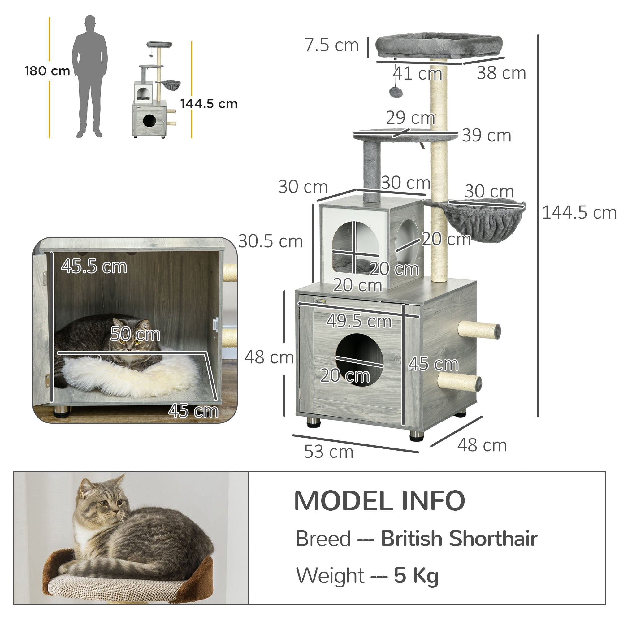 PawHut Enclosed Cat Litter Box with Cat House, Cat Bed, Scratching Posts, Platforms, for Indoor Cats - Grey - North Peak Garden Furniture