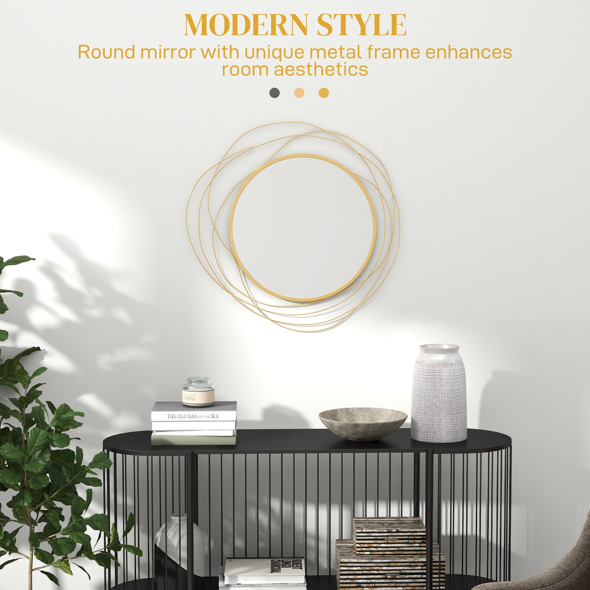 HOMCOM Abstract Metal Wire Wall Mirror, with Accessories - Gold Tone - North Peak Garden Furniture