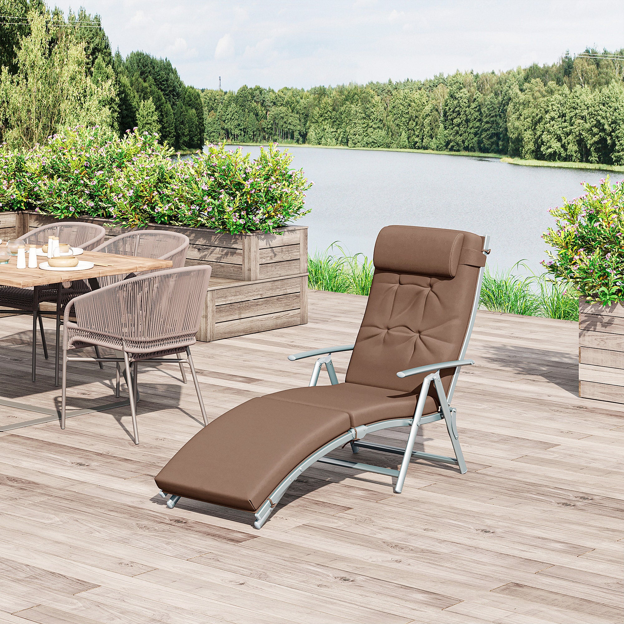 Outsunny Sun Lounger Steel Frame Outdoor Folding Chaise Texteline Lounge Chair Recliner with Headrest & 7 Levels Adjustable Backrest, Brown - North Peak Garden Furniture