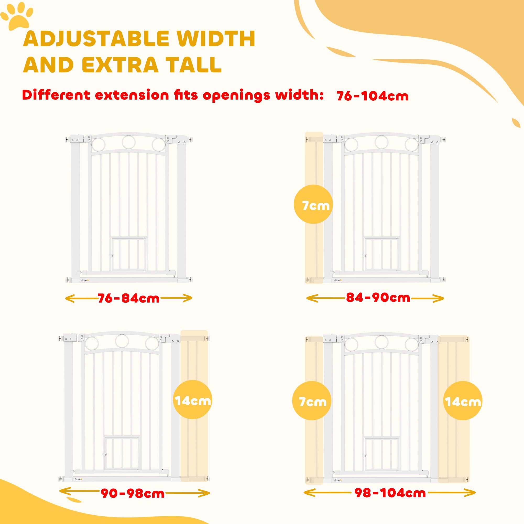 PawHut 96cm Tall Dog Gate with Cat Door, 7cm and 14cm Extensions, for Stairs, Doorways, 76-104cm Width - North Peak Garden Furniture