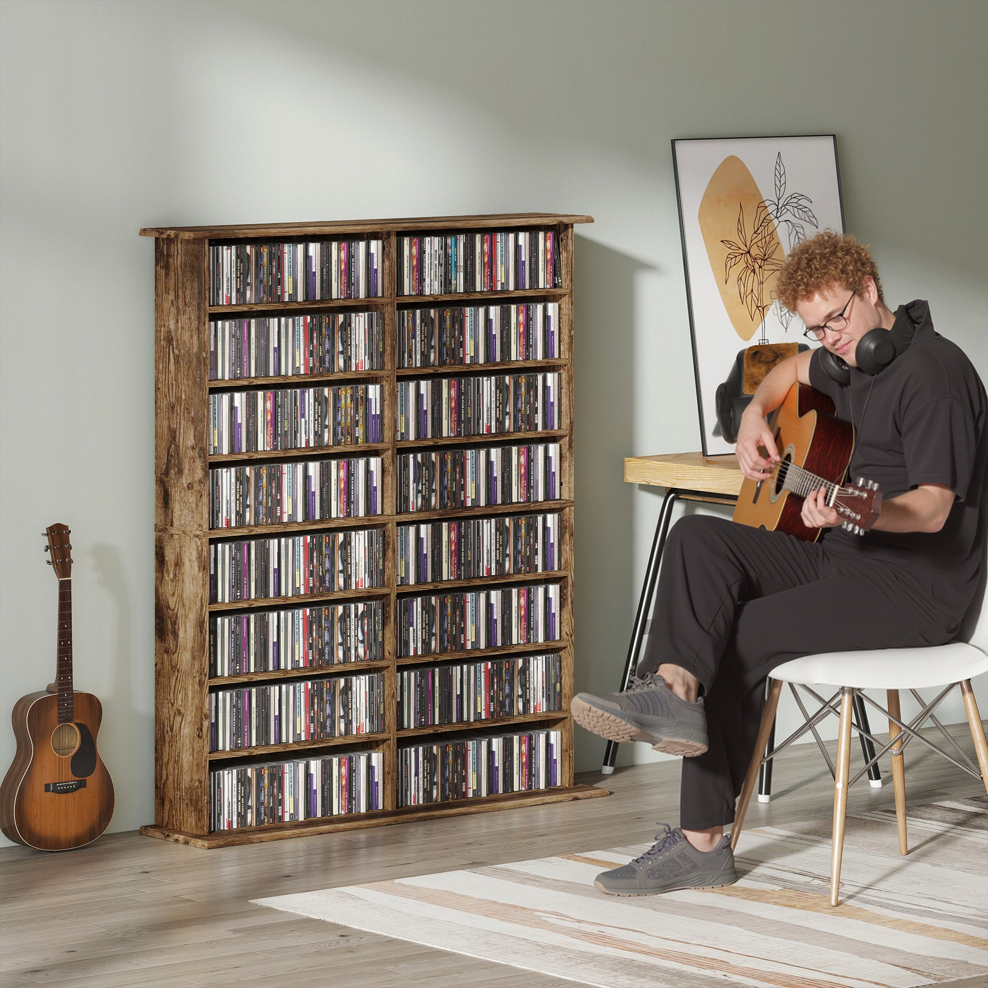 HOMCOM 16-Compartment Media Shelf - Rustic Brown
