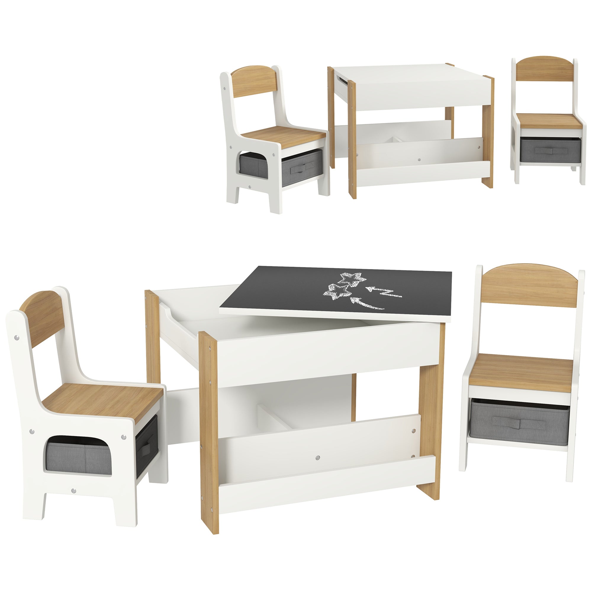 HOMCOM Three-Piece Kids Table and Chair Set with Blackboard, Storage, Bookshelves - Natural Wood - North Peak Garden Furniture