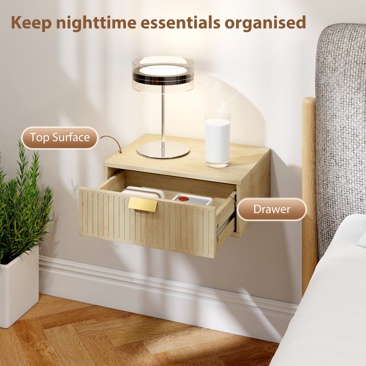 HOMCOM Modern Floating Nightstands Set of 2, Wall Mounted Bedside Tables with Wave Drawer Oak