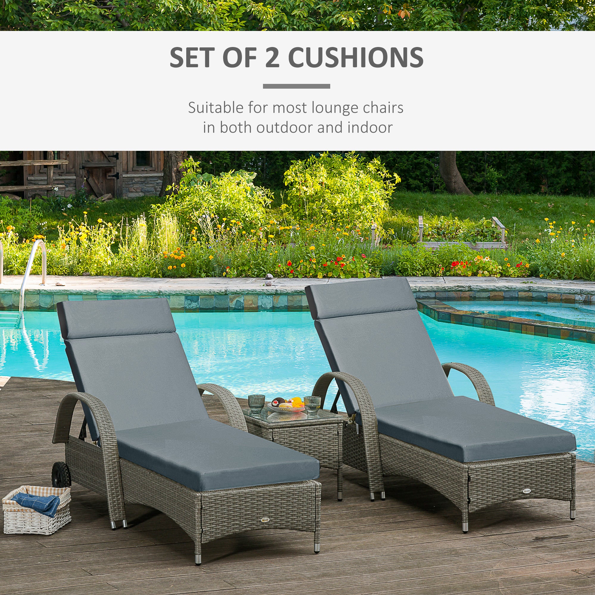Outsunny Set of 2 Sun Lounger Cushions, Replacement Cushions for Rattan Furniture with Ties, 196 x 55 cm, Dark Grey - North Peak Garden Furniture