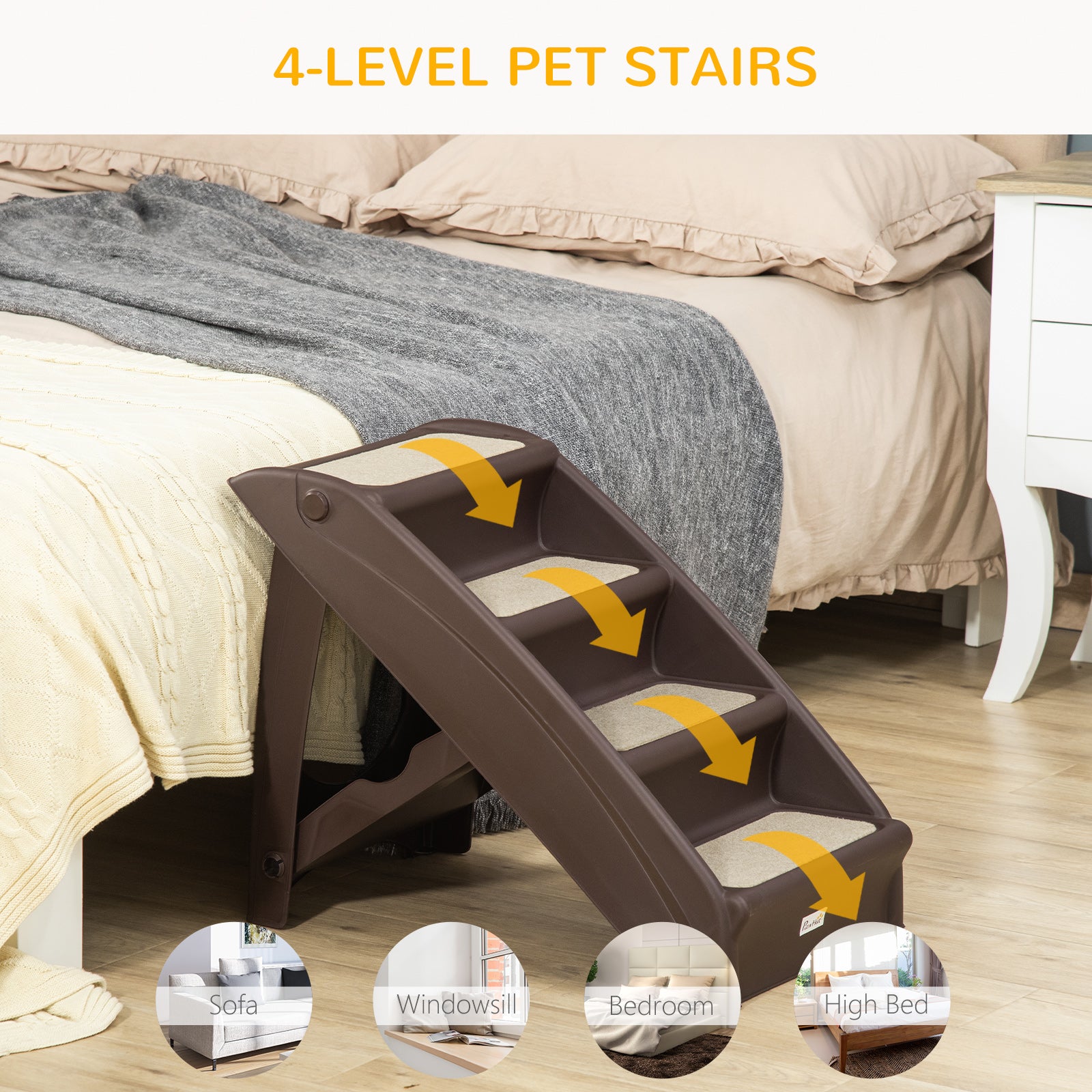 PawHut Foldable Four-Step Pet Stairs, for Cats, Small Miniature Dogs, with Non-Slip Mats 62 x 38 x 49.5cm - Brown - North Peak Garden Furniture
