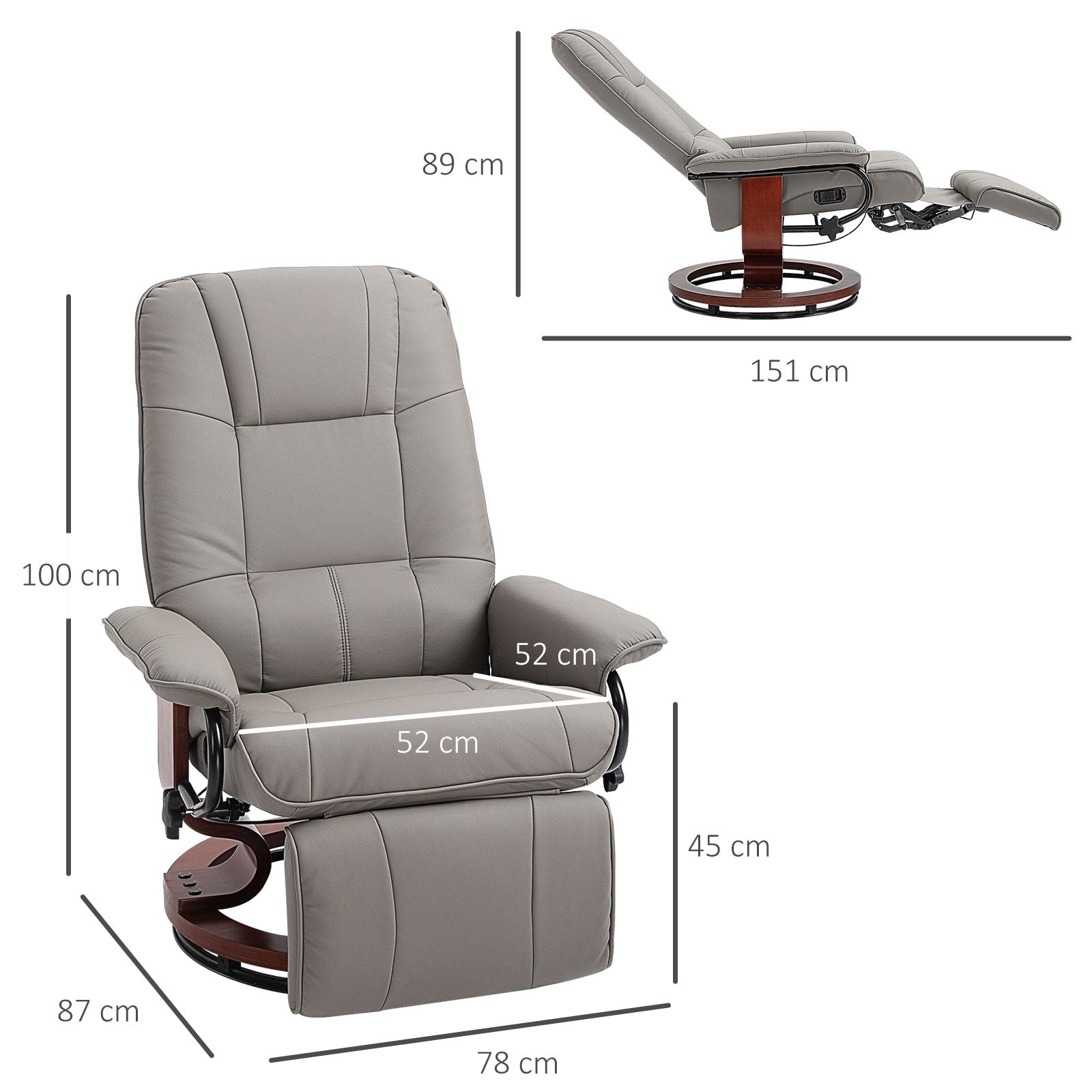 HOMCOM Manual Recliner Chair Armchair Sofa with Faux Leather Upholstered Wooden Base for Living Room Bedroom, Grey - North Peak Garden Furniture