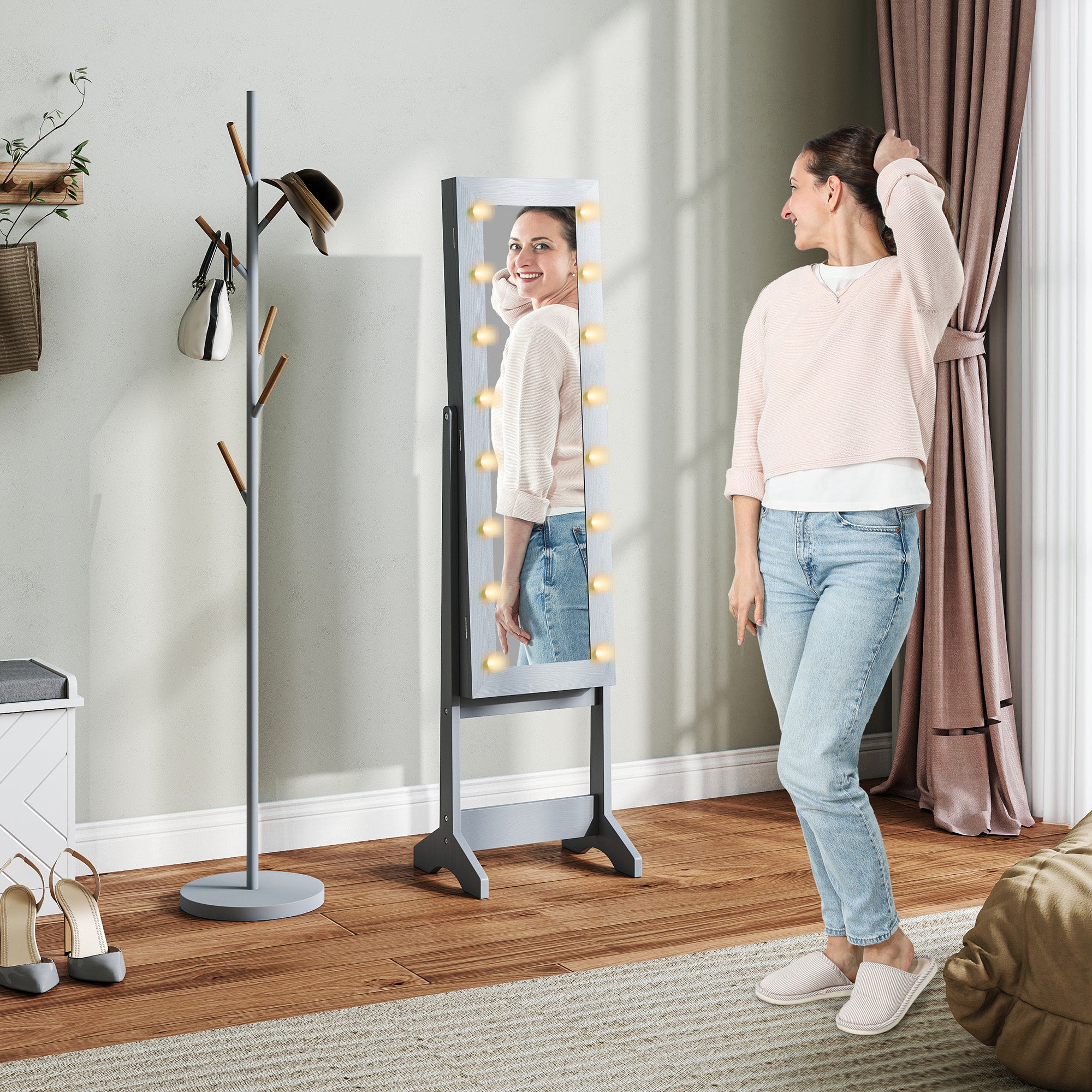 HOMCOM Free Standing Mirror Jewelry Cabinet with LED Lights, Jewellery Organiser with 3 Angle Adjustable, Full-Length Mirror with Storage for Earrings, Necklaces, Rings and Lipsticks, Grey