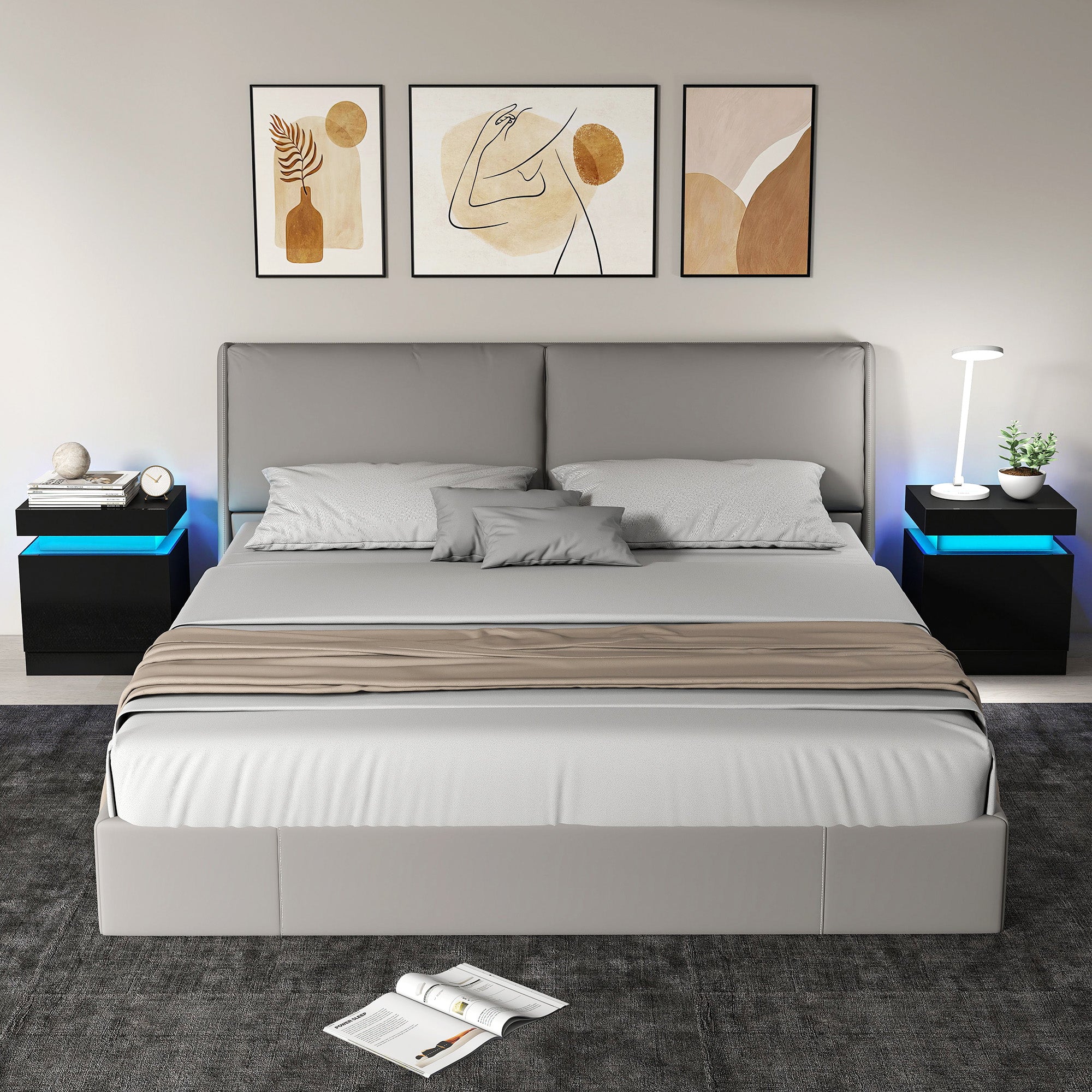 HOMCOM Black Bedside Table with LED Light, High Gloss Front Nightstand with 2 Drawers, for Living Room, Bedroom, Set of 2