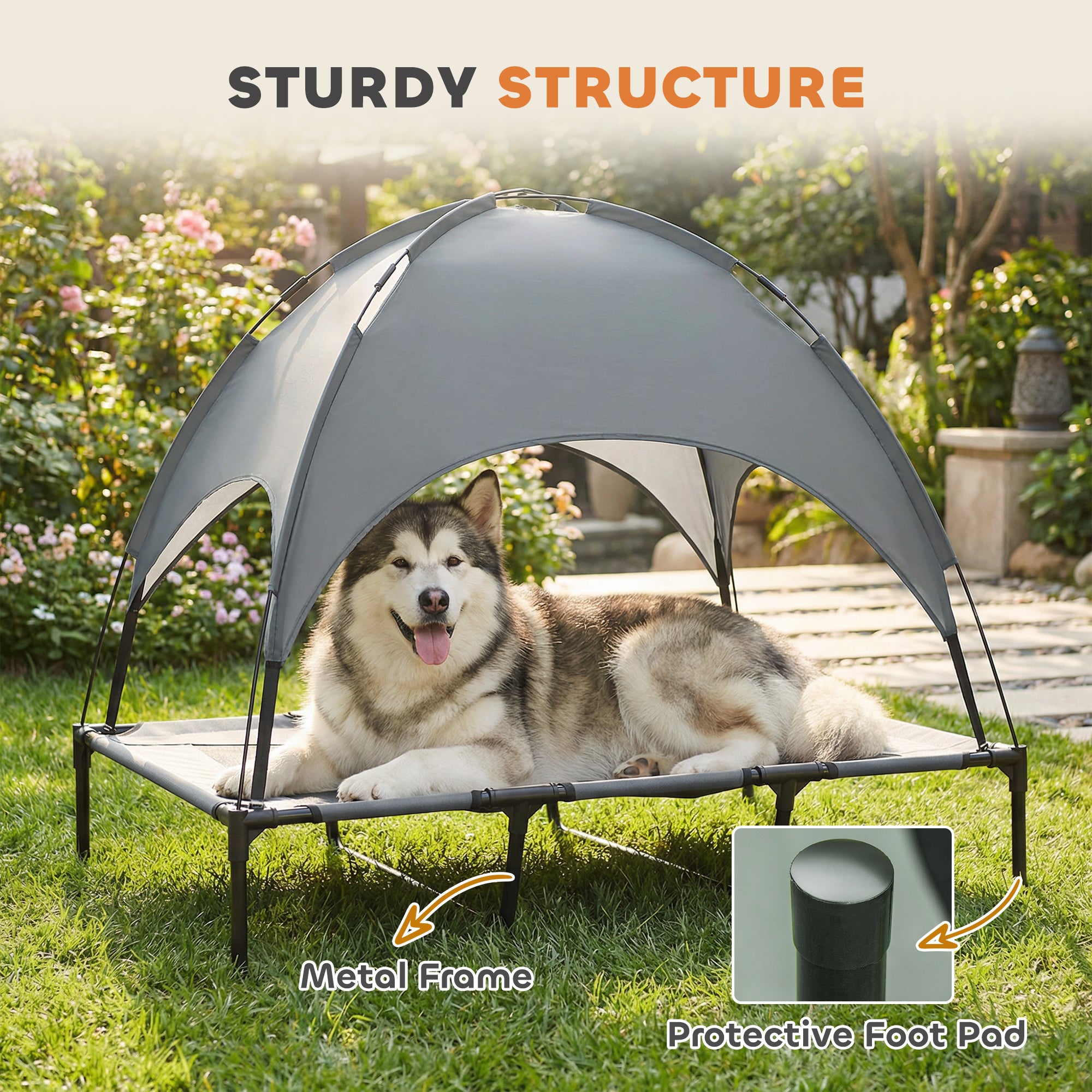 PawHut Raised Dog Bed Waterproof Elevated Pet Cot with Breathable Mesh UV Protection Canopy Grey, for XL Dogs, 122 x 92 x 108cm