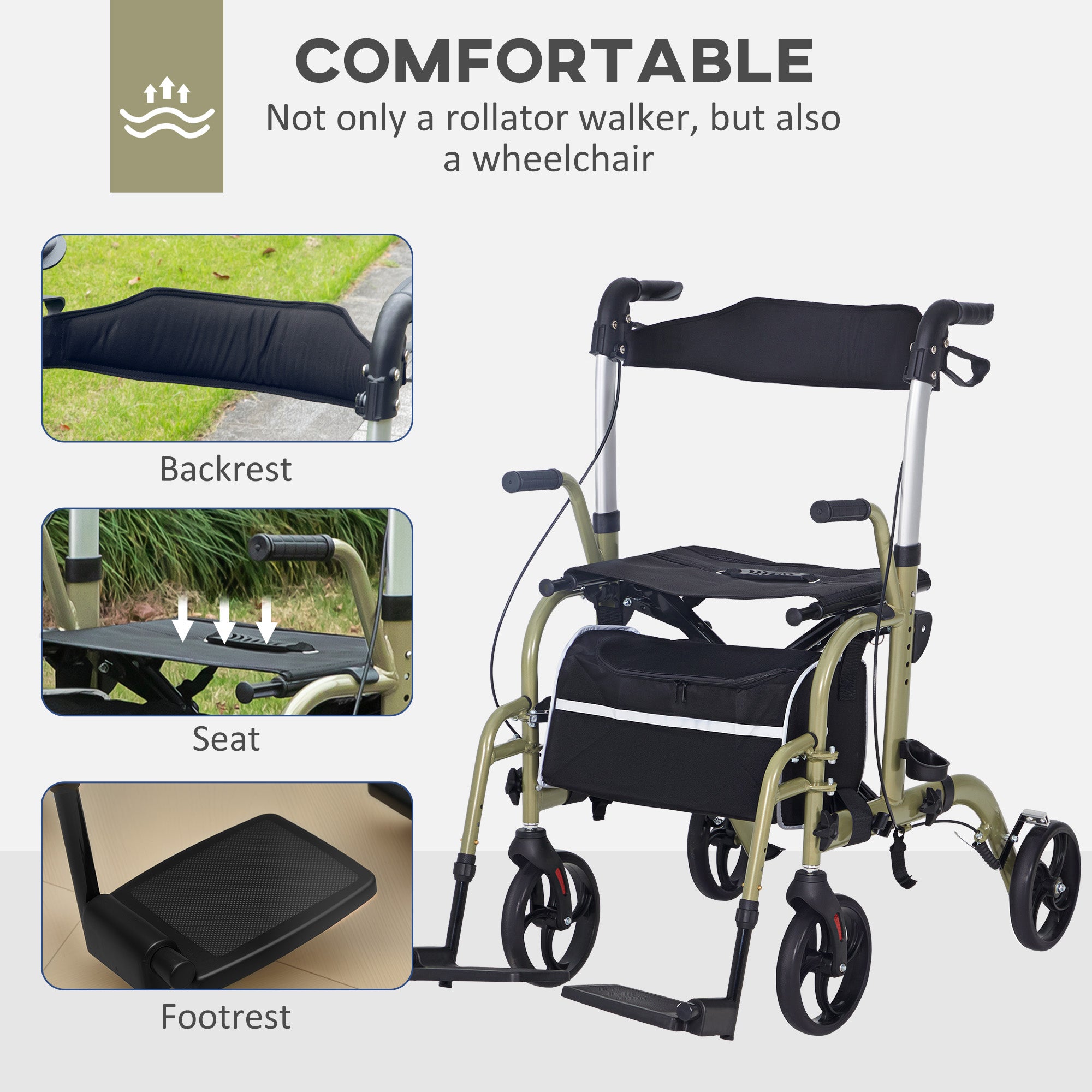 HOMCOM 2 in 1 Wheelchair & Folding Rollator Walker with Seat, Backrest, Footrest Combo, Lightweight Walking Frame with Storage Bag, Adjustable Height, 4 Wheeled Walker for Seniors, Yellow-green - North Peak Garden Furniture