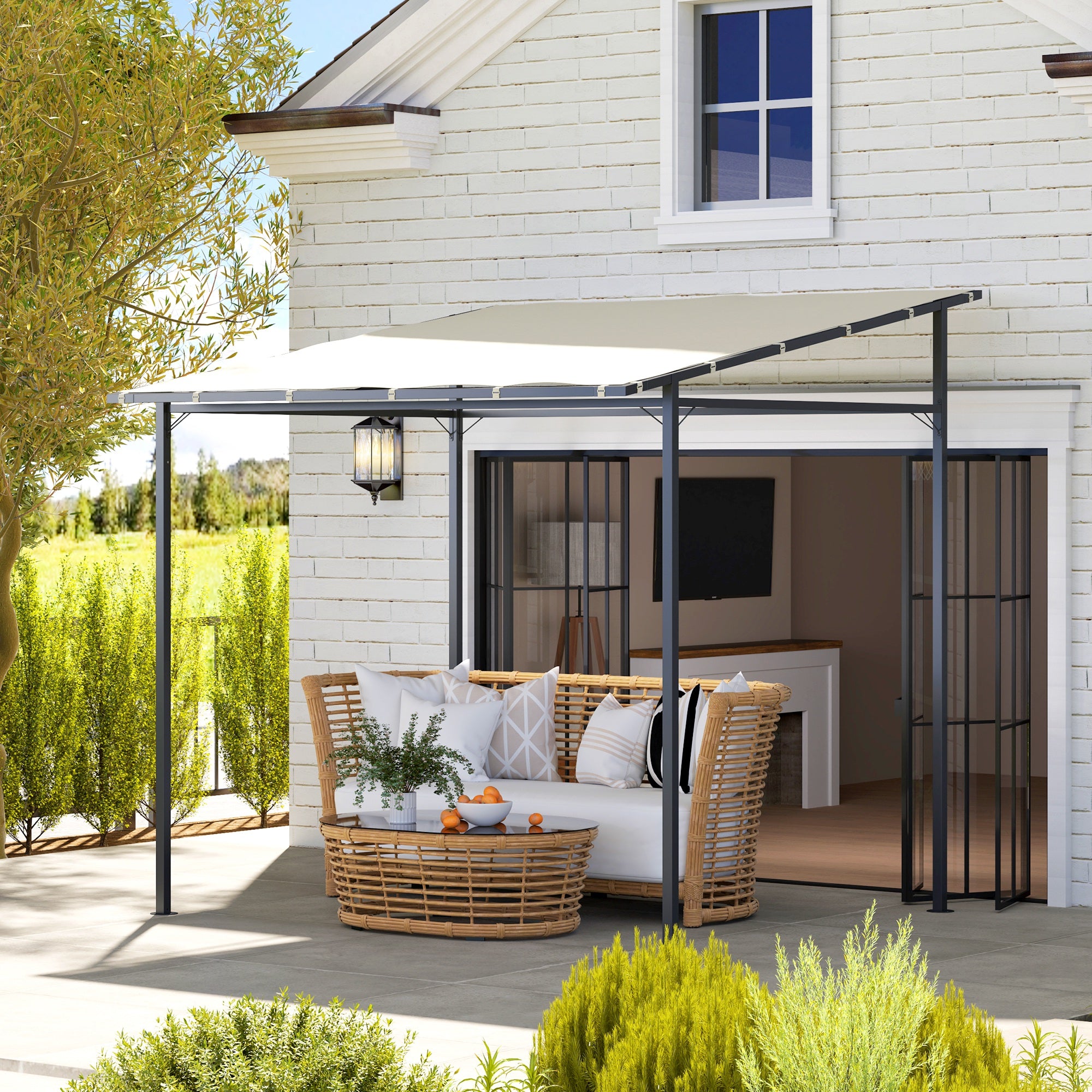 Outsunny 2.4 x 2.4 m Wall Mounted Pergola Gazebo with PA Coating Fabric and Metal Frame, UPF30+, Lean to Garden Gazebo, Wind Resistant Outdoor Sun Shade Shelter for Garden, Deck, Cream White - North Peak Garden Furniture