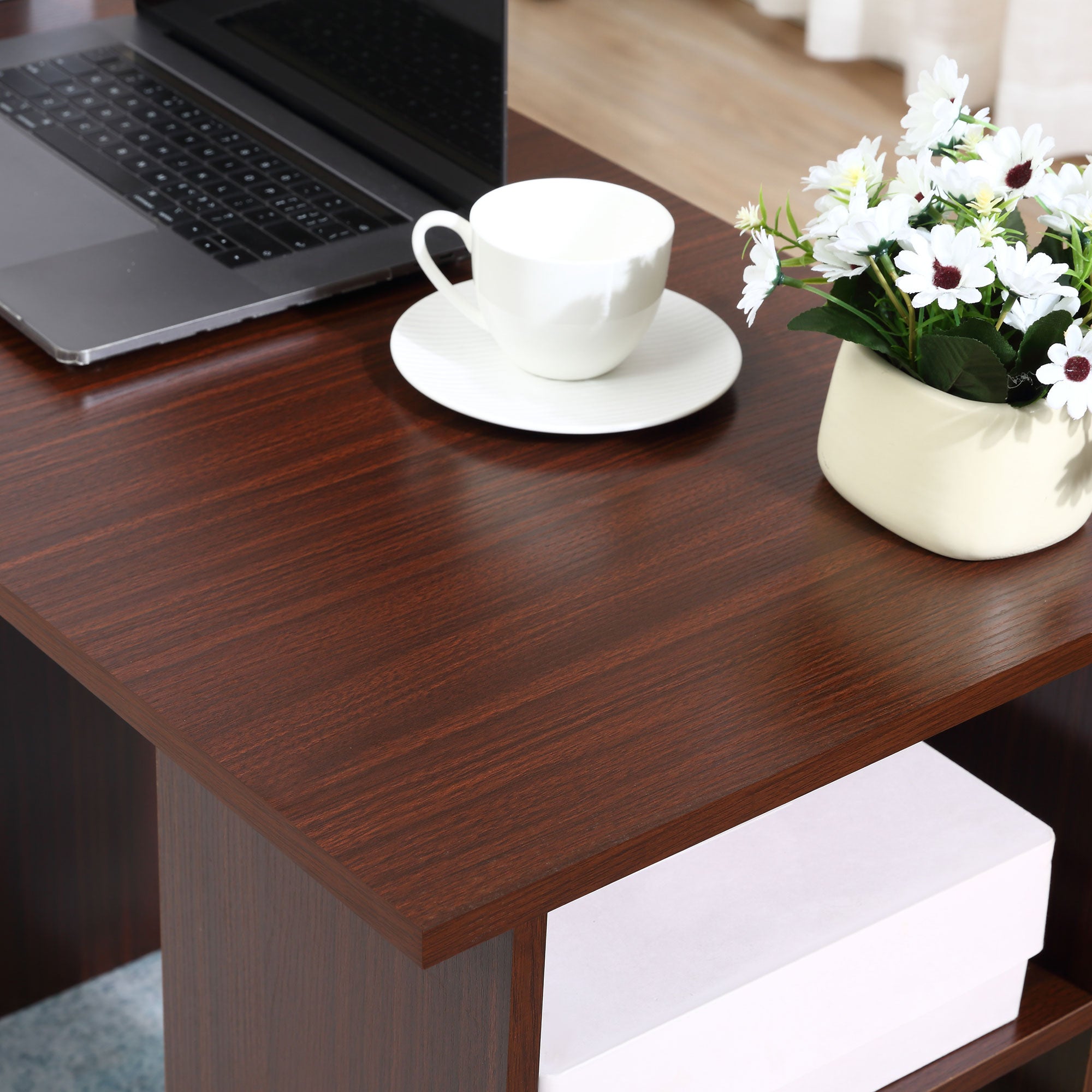 HOMCOM Computer Desk, Writing Table, PC Workstation with 3 Storage Shelves and Drawers, Black Handle, for Home Office, Walnut Brown - North Peak Garden Furniture