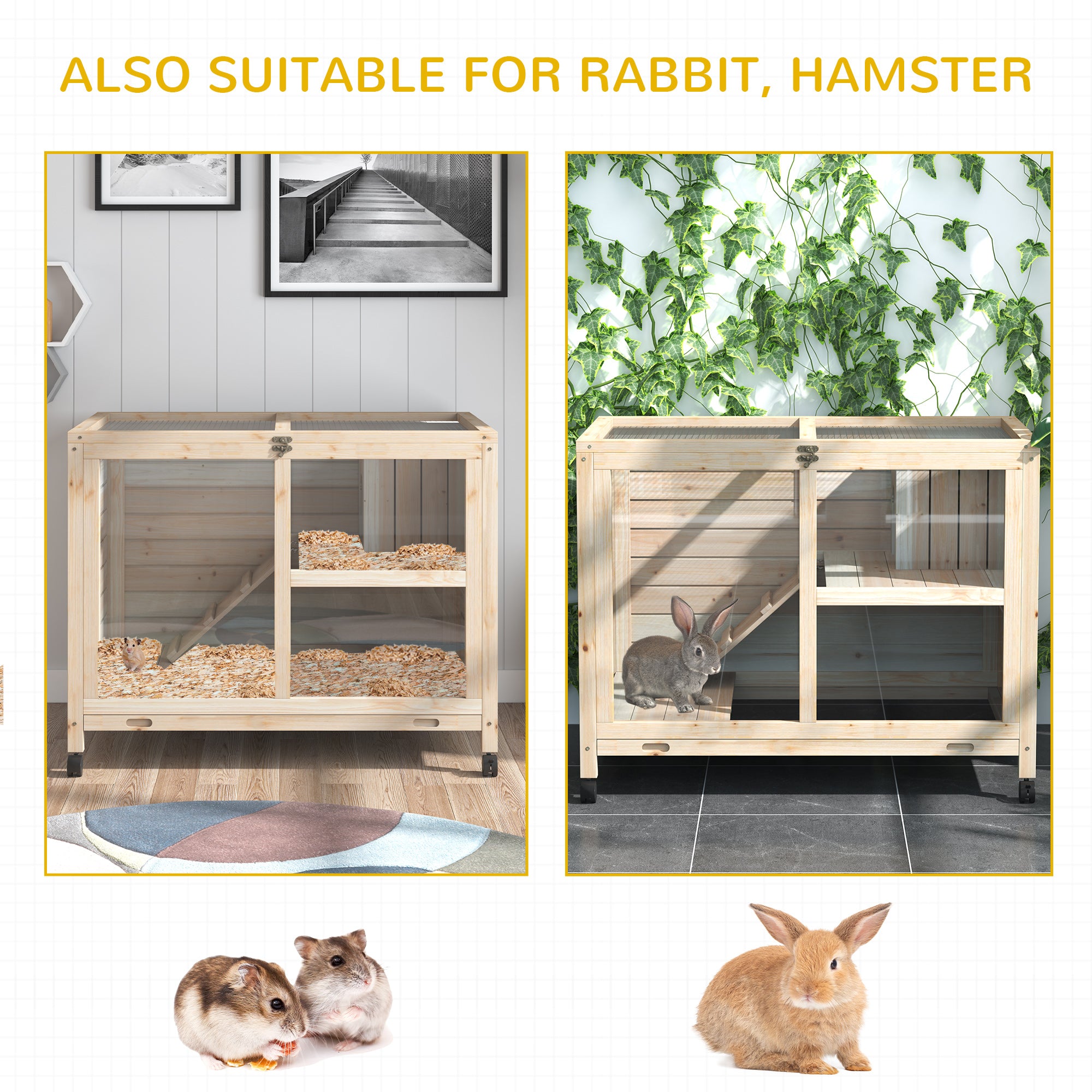 PawHut Rabbit Hutch Indoor Wooden Guinea Pig House Hamster Cage with Wheels, 2 Layers Bunny Cage with Openable Roof, 91.5 x 53.3 x 73 cm, Natural - North Peak Garden Furniture