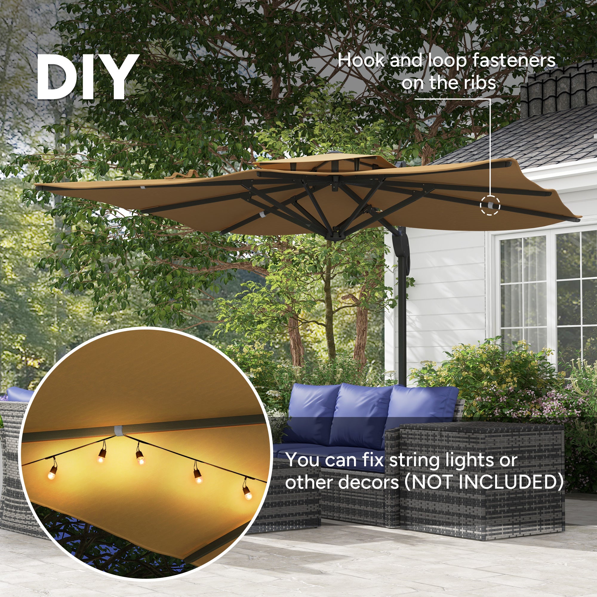 Outsunny Garden Parasol, 3(m) Cantilever Parasol with Hydraulic Mechanism, Dual Vented Top, 8 Ribs, Cross Base, Khaki - North Peak Garden Furniture