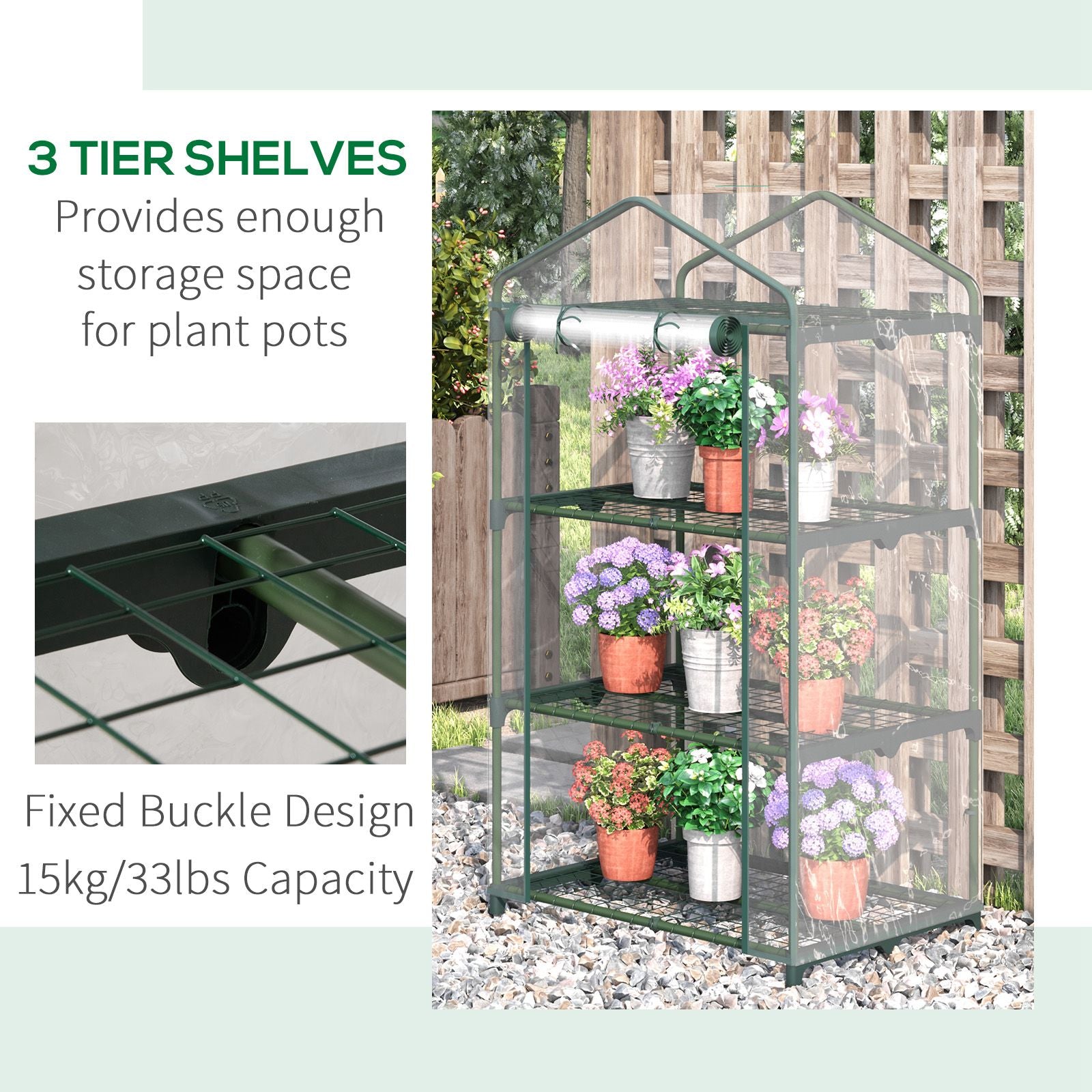 Outsunny 3 Tier Mini Greenhouse Portable Garden Grow House with Roll Up Door and Wire Shelves, 69L x 49W x 125H cm, Clear - North Peak Garden Furniture