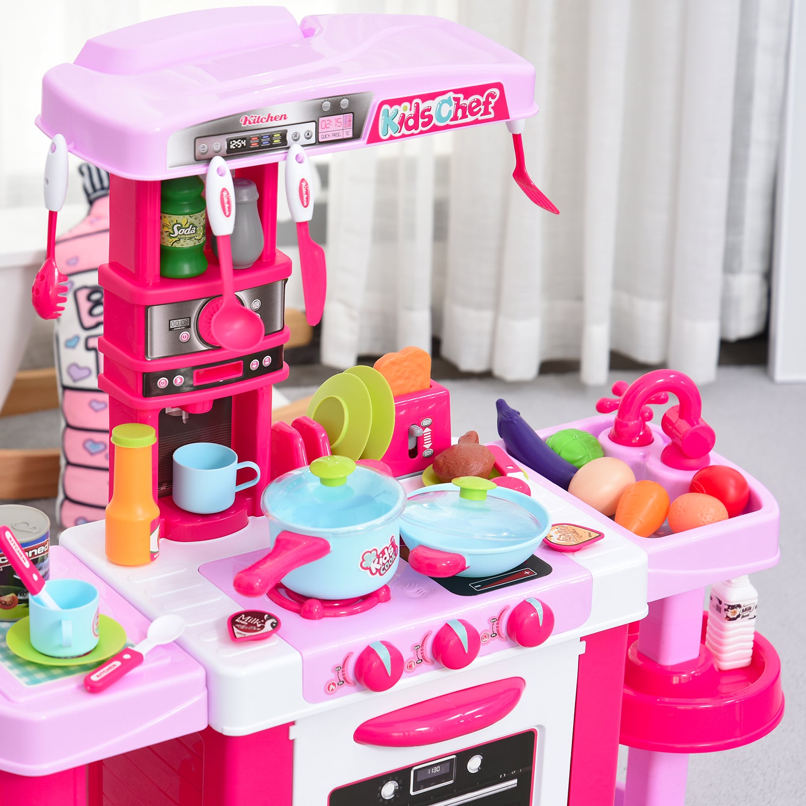 HOMCOM 38 Pcs Kids Children Kitchen Play Set w/ Realistic Sounds Lights Food Utensils Pots Pans Appliances Toy Game Pink