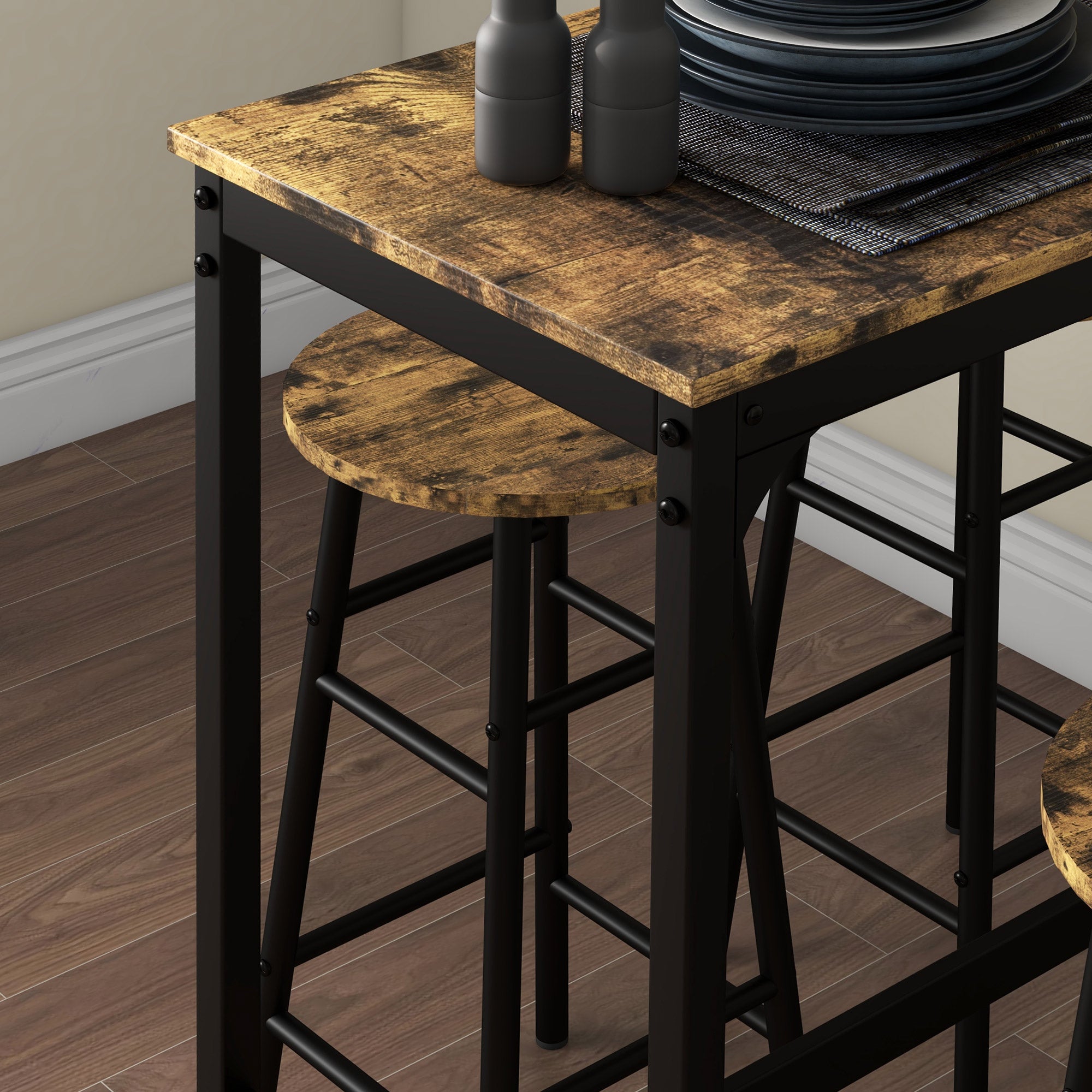 HOMCOM 5 Piece Bar Table Set with 4 Stools, Industrial Bar Table and Stool Set, Dining Table and Chair Set, Rustic Brown - North Peak Garden Furniture