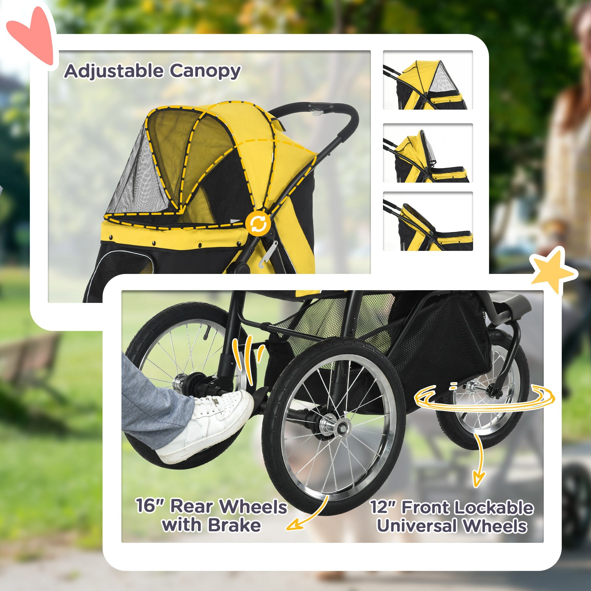 PawHut Foldable Pet Stroller Jogger, with Three Wheels, Canopy, for Medium and Small Dogs, Yellow