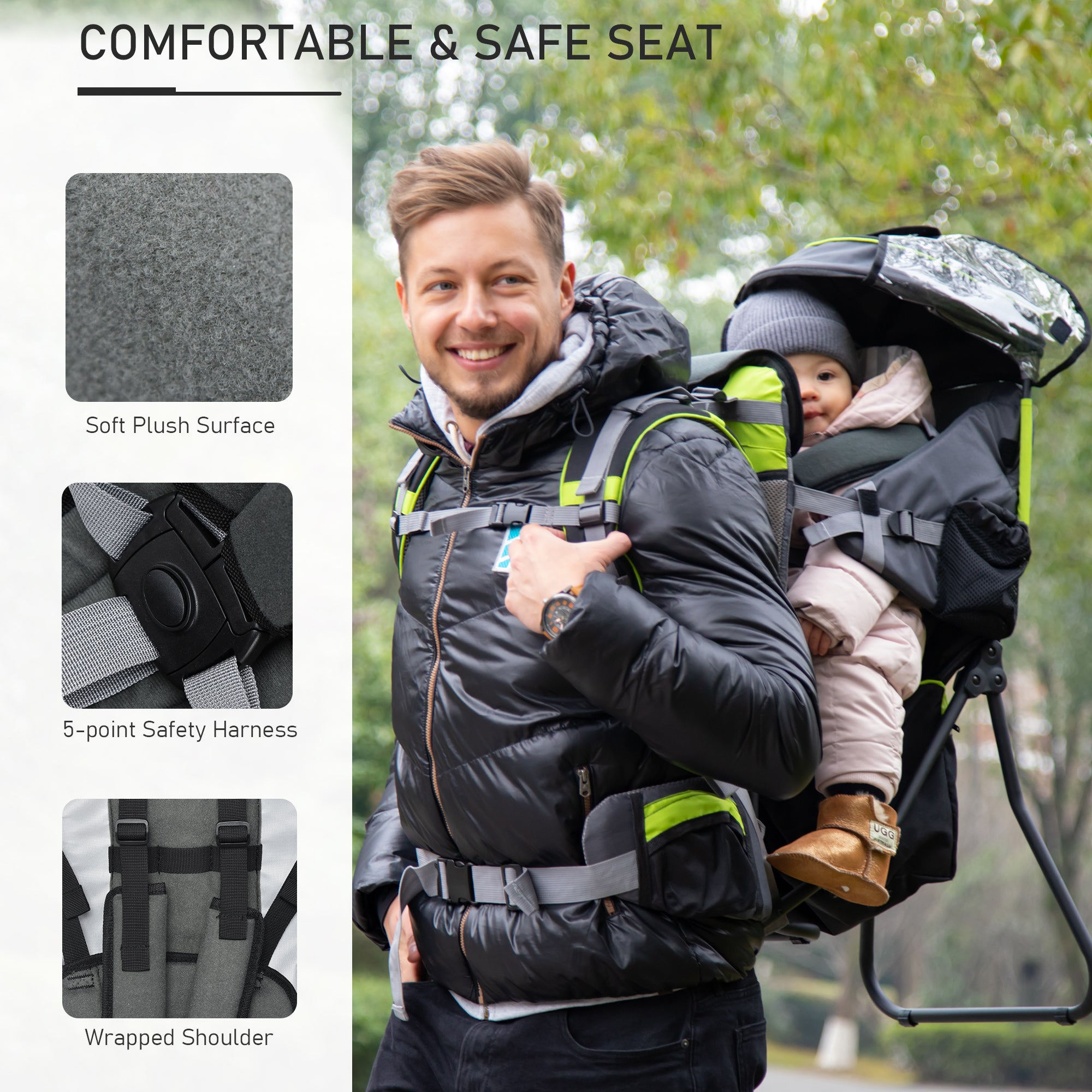 HOMCOM Baby Hiking Backpack Carrier Child Carrier with Ergonomic Hip Seat Detachable Rain Cover Adjustable Straps Stand for Toddler 6 - 36 Months Black - North Peak Garden Furniture