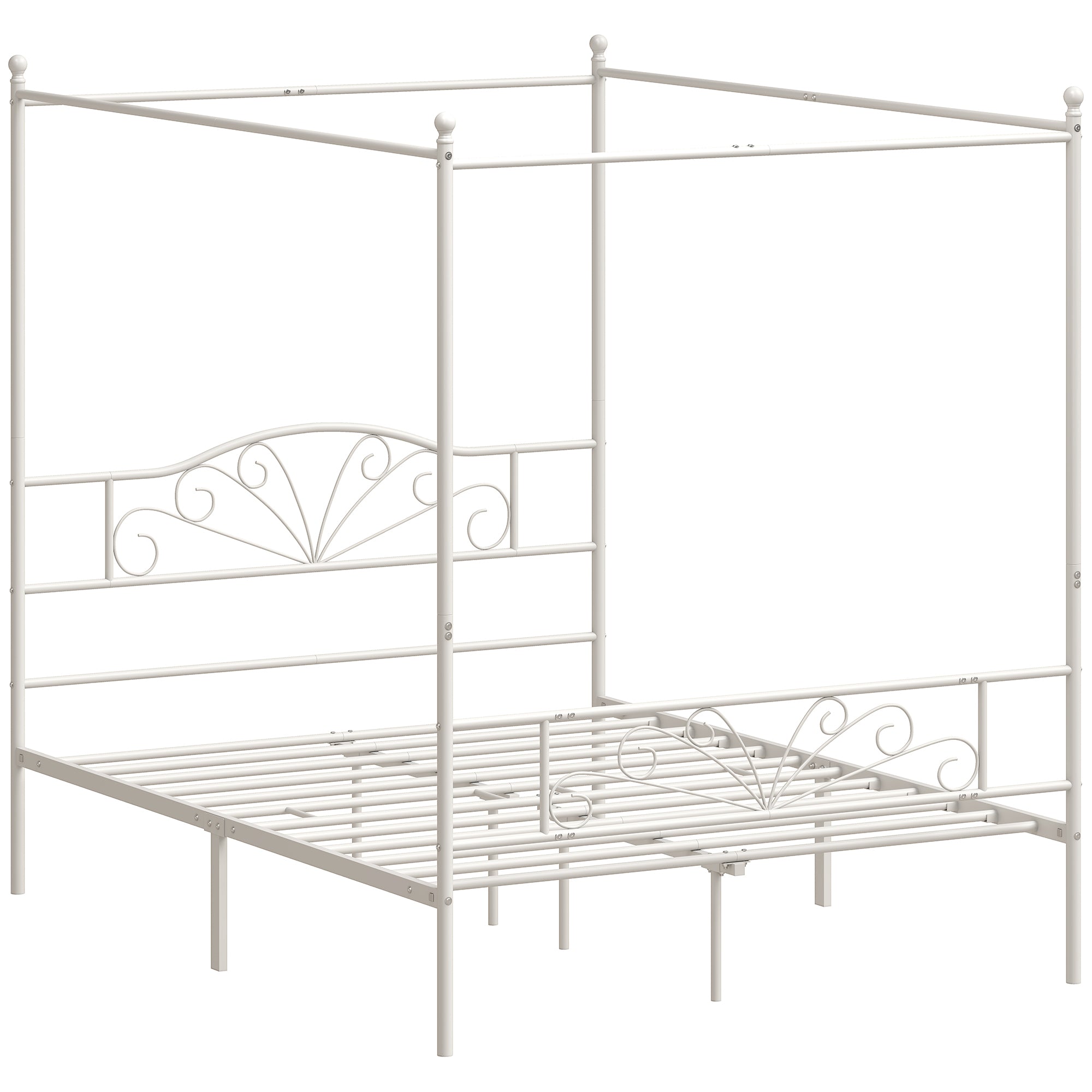 HOMCOM Canopy Bed Frame Double Size, Metal Platform Bed Frame with Headboard and Footboard, Underbed Storage, White