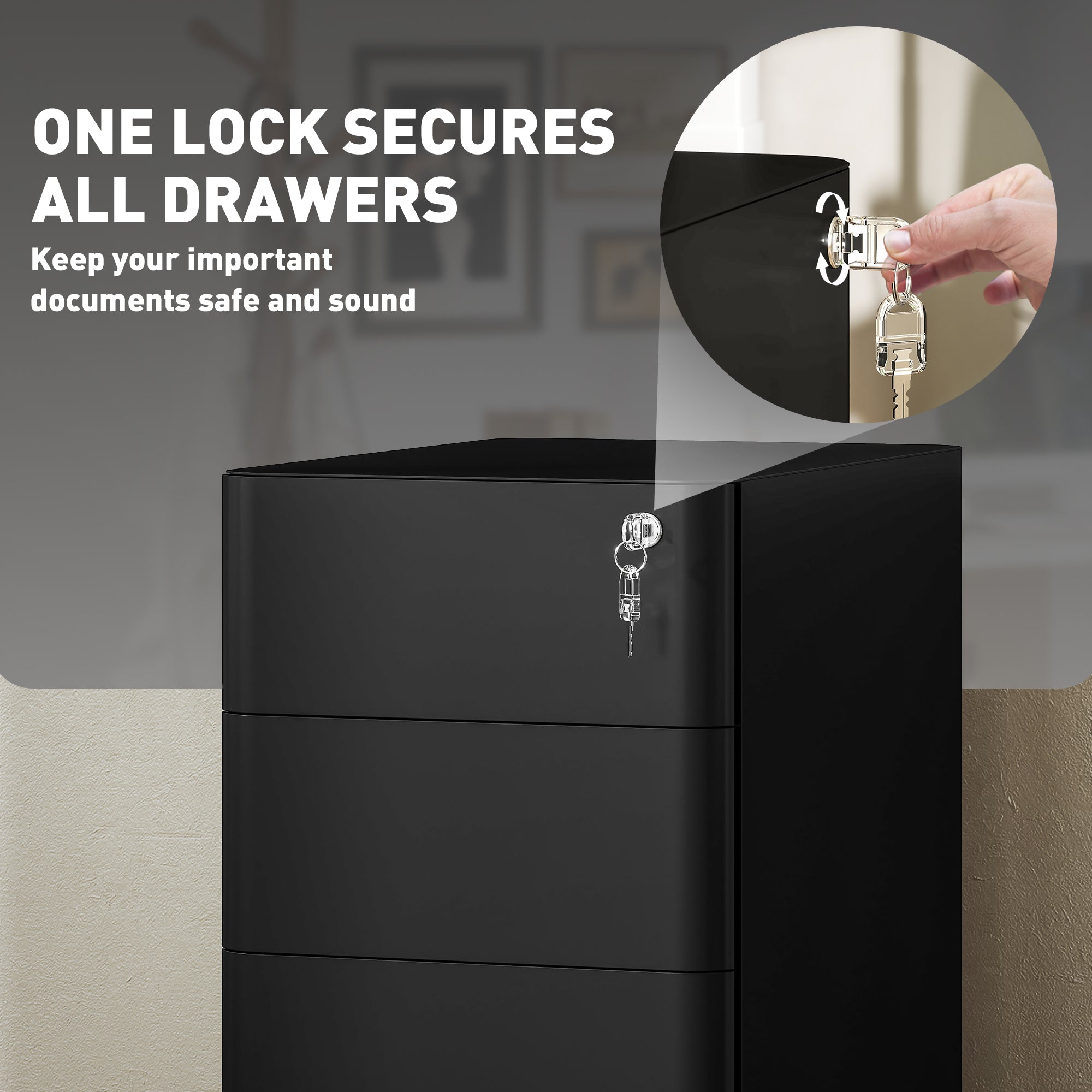 Vinsetto 3-Drawer Steel Filing Cabinet with Lock - Black - North Peak Garden Furniture