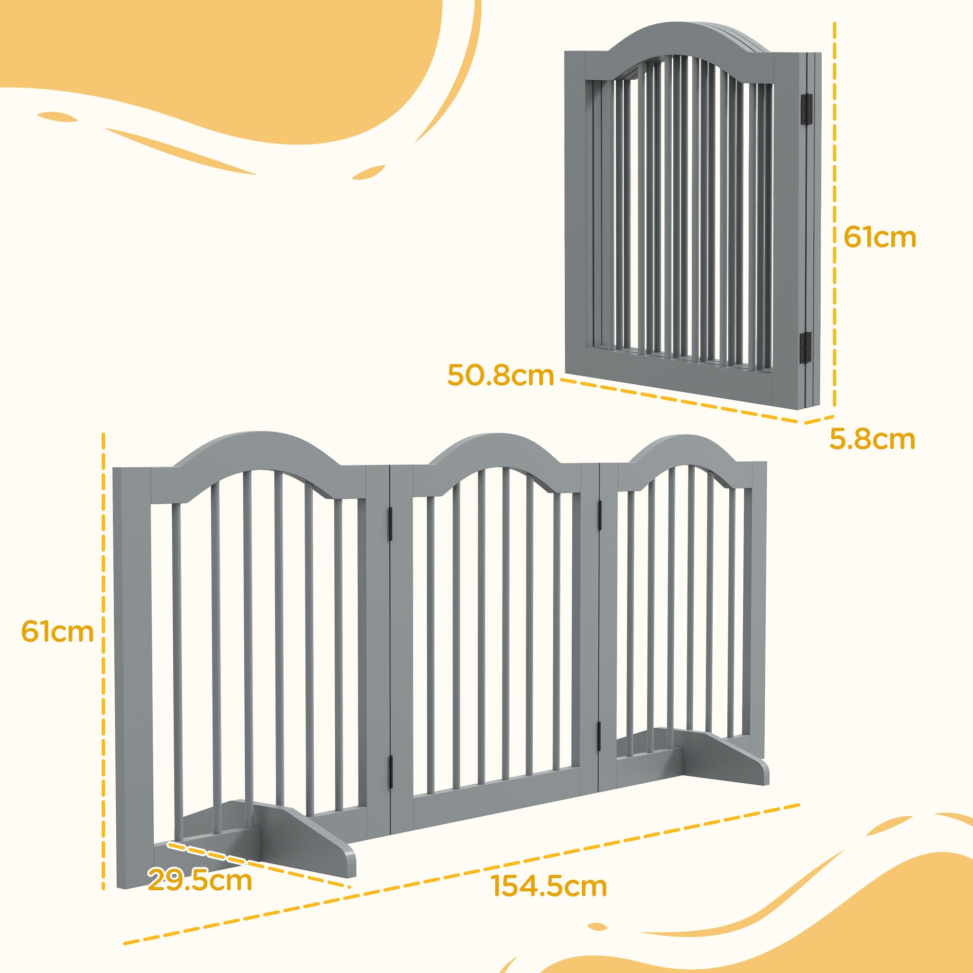 PawHut 3 Panels Dog Gate w/ Support Feet Fence Safety Barrier Freestanding Wood Light Grey