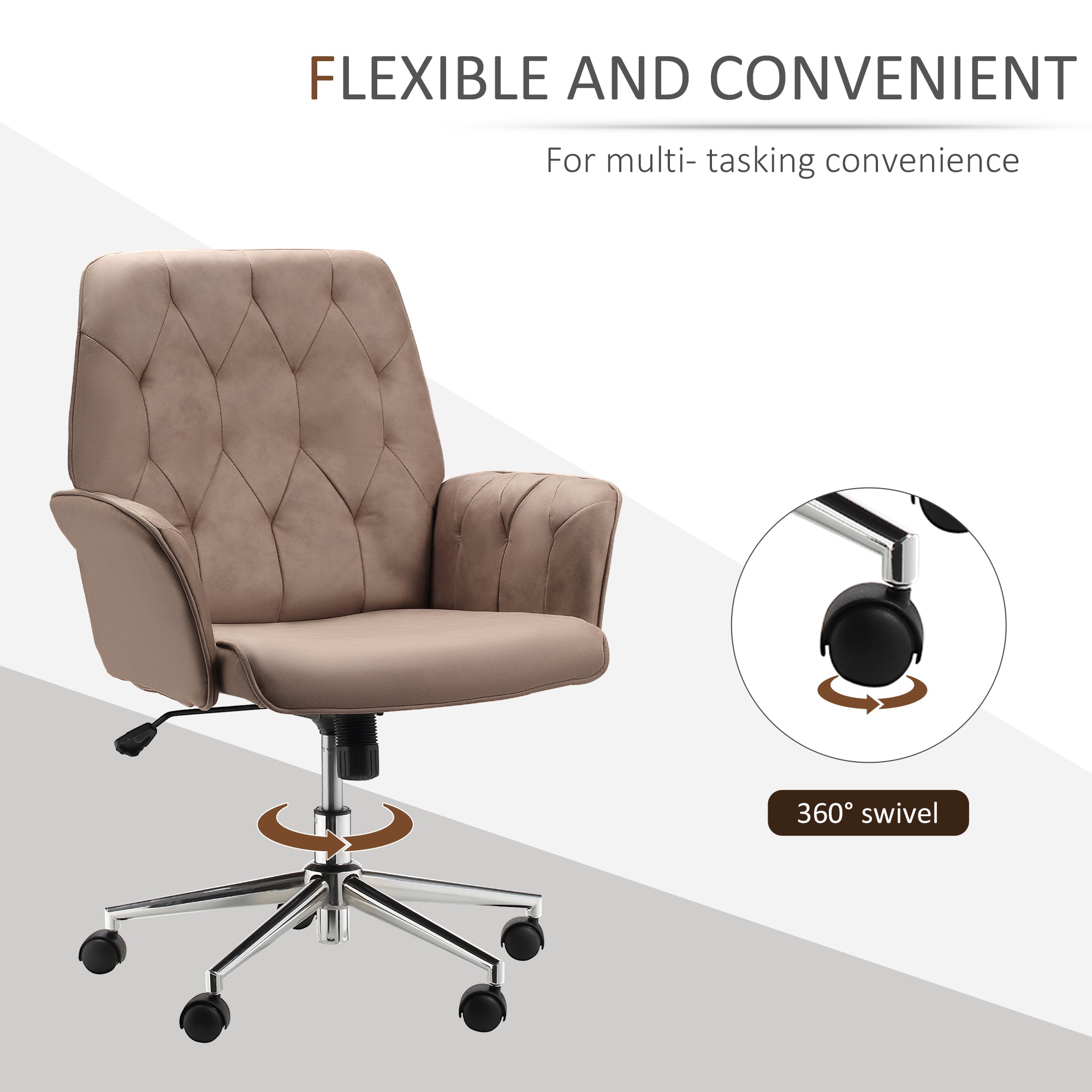 Vinsetto Office Desk Chair, Microfibre Vanity Chair with Height Adjustable, Armrest, Swivel Chair for Home, Coffee - North Peak Garden Furniture