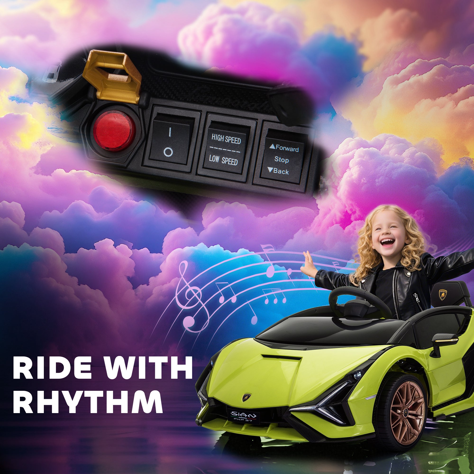 HOMCOM Lamborghini Sian Licensed 12V Kids Electric Ride On Car 2 Motors Toy Car with Remote Control Music Lights MP3 for 3-5 Years Green