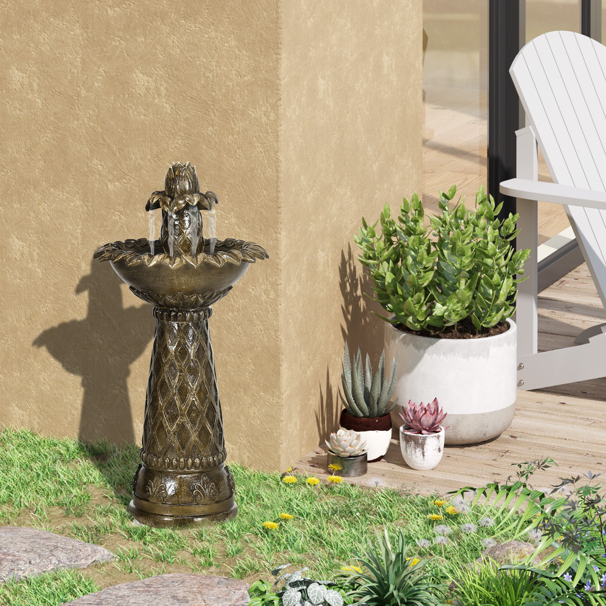 Outsunny 2-Tier Outdoor Waterfall Fountain, Freestanding Self-Contained Cascading Water Feature Garden Landscape with Electric Pump, Brown Flower - North Peak Garden Furniture