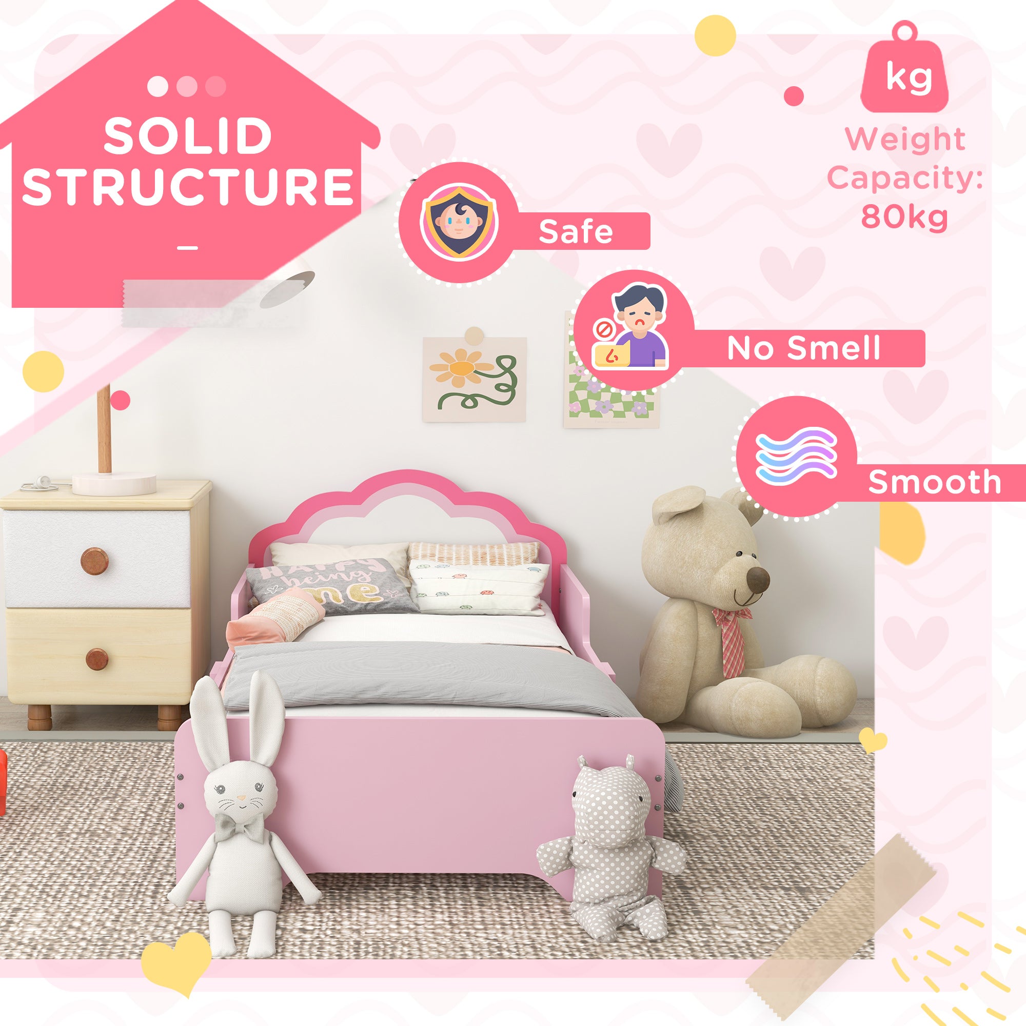 ZONEKIZ Toddler Bed Frame, Princess Bed for Kids, Cloud-Design, 143 x 74 x 55cm - Pink - North Peak Garden Furniture