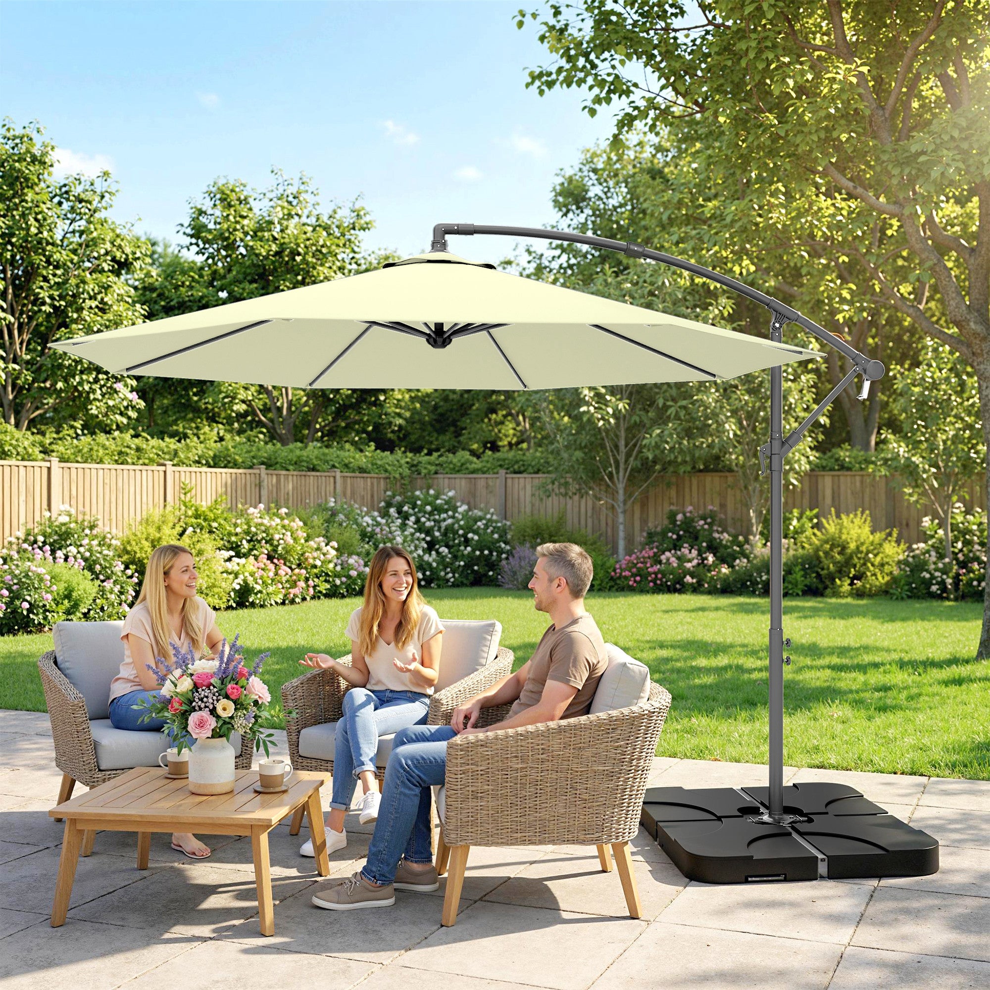 Outsunny 3m Overhanging Parasol, with Base, Weights and Cover - Beige