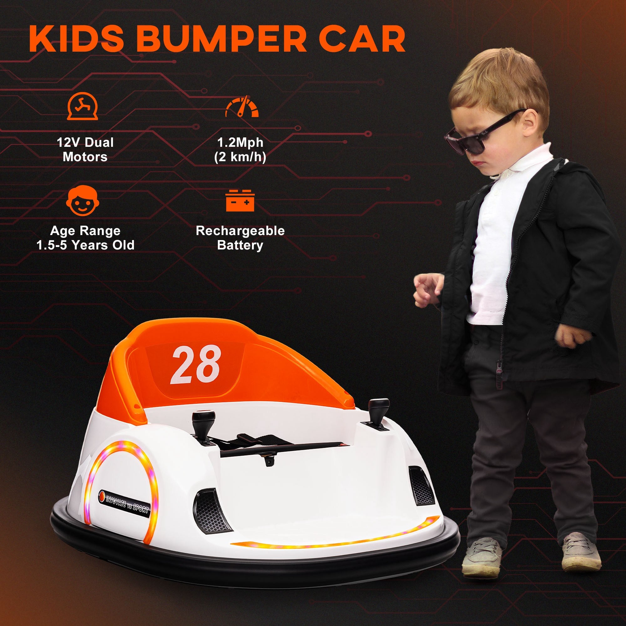 AIYAPLAY 360° Rotation Kids Bumper Car, 12V Waltzer Car with Remote Control, Dual Joysticks, Music Lights, Orange