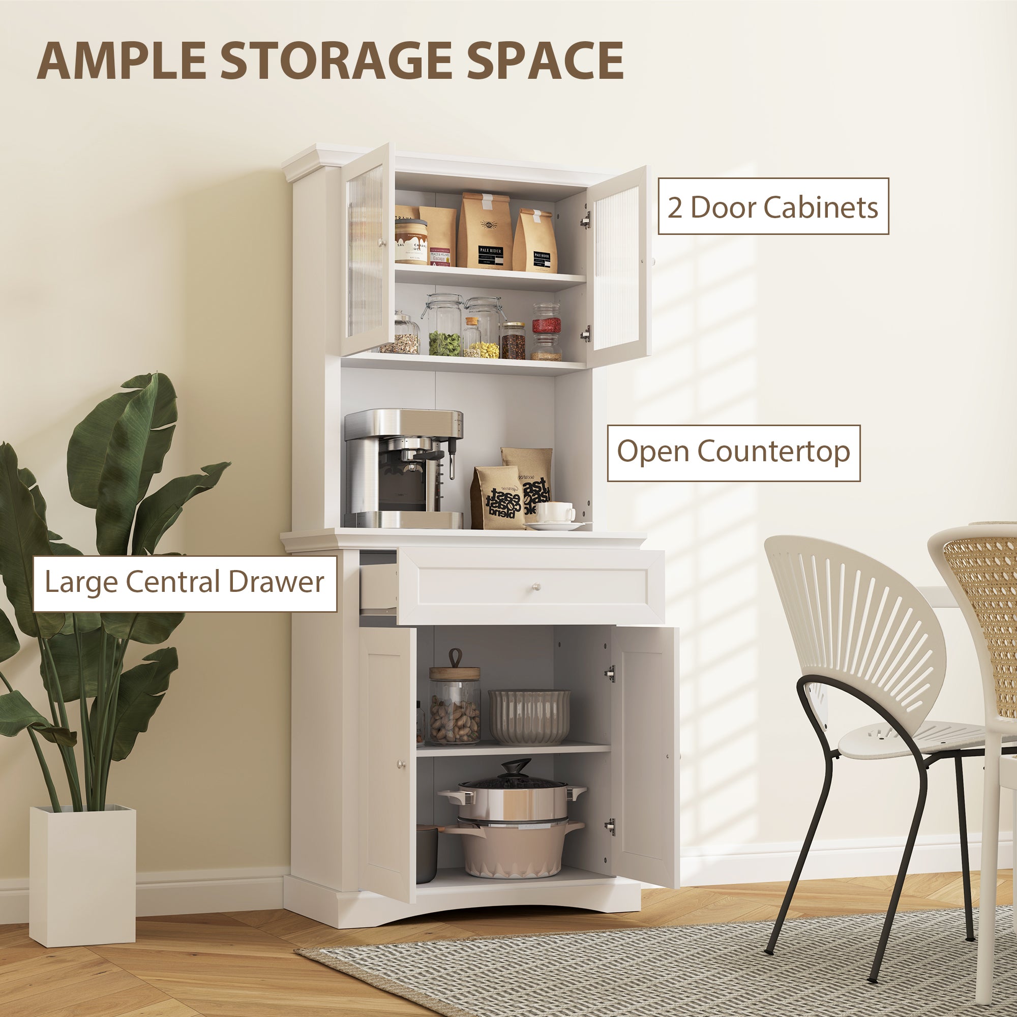 HOMCOM 4-Door Kitchen Cupboard with Drawer, Freestanding Kitchen Cabinet with Glass Doors, Adjustable Shelves and Open Counter, White - North Peak Garden Furniture