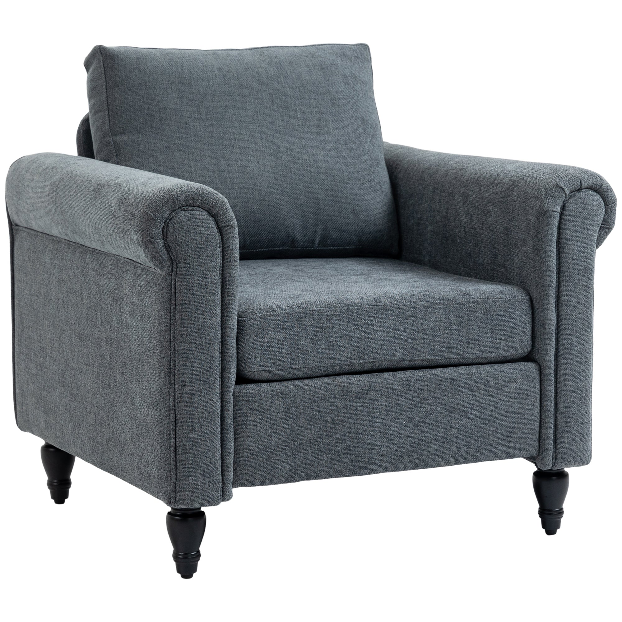 HOMCOM Vintage Accent Chair, Upholstered Occasional Chair with Back Pillow, Rolled Arms, Rubber Wood Legs, Grey - North Peak Garden Furniture