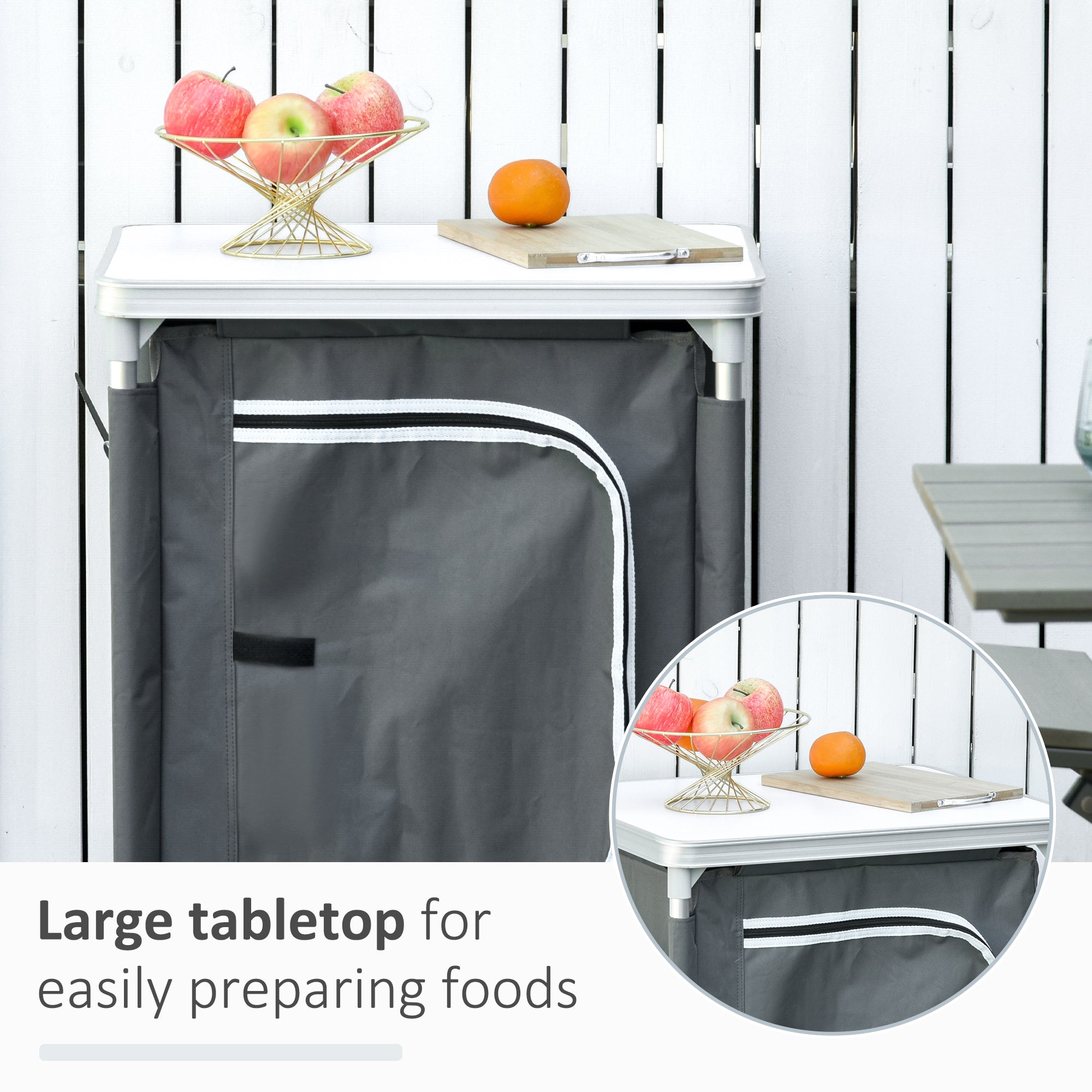 Outsunny 3-Shelf Camping Cupboard Camping Kitchen Station Cook Table, Storage Organiser for BBQ Party Picnics Backyards with Carrying Bag, Grey - North Peak Garden Furniture