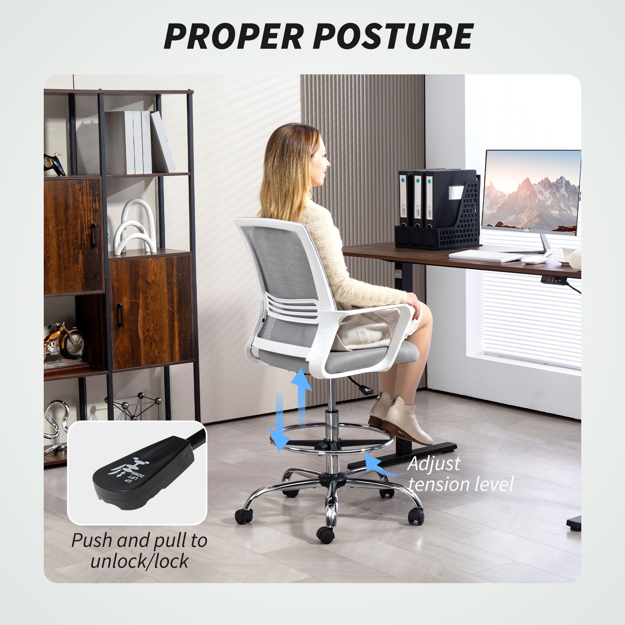 HOMCOM Draughtsman Chair, Mesh Drafting Chair, Ergonomic Office Chair with Lumbar Support, Adjustable Foot Ring, Grey - North Peak Garden Furniture