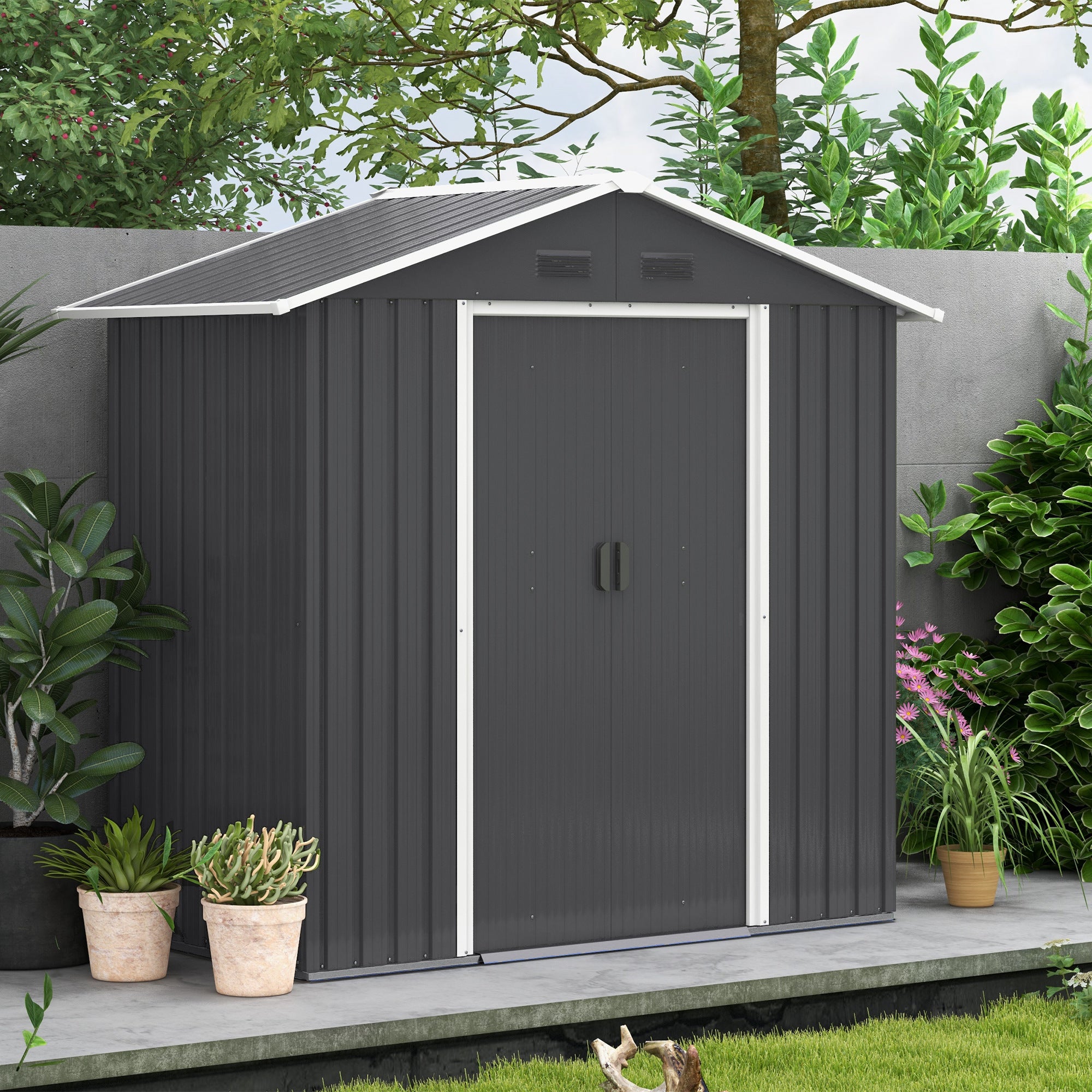 Outsunny 6.5x3.5ft Metal Garden Storage Shed for Outdoor Tool Storage with Double Sliding Doors and 4 Vents, Dark Grey - North Peak Garden Furniture