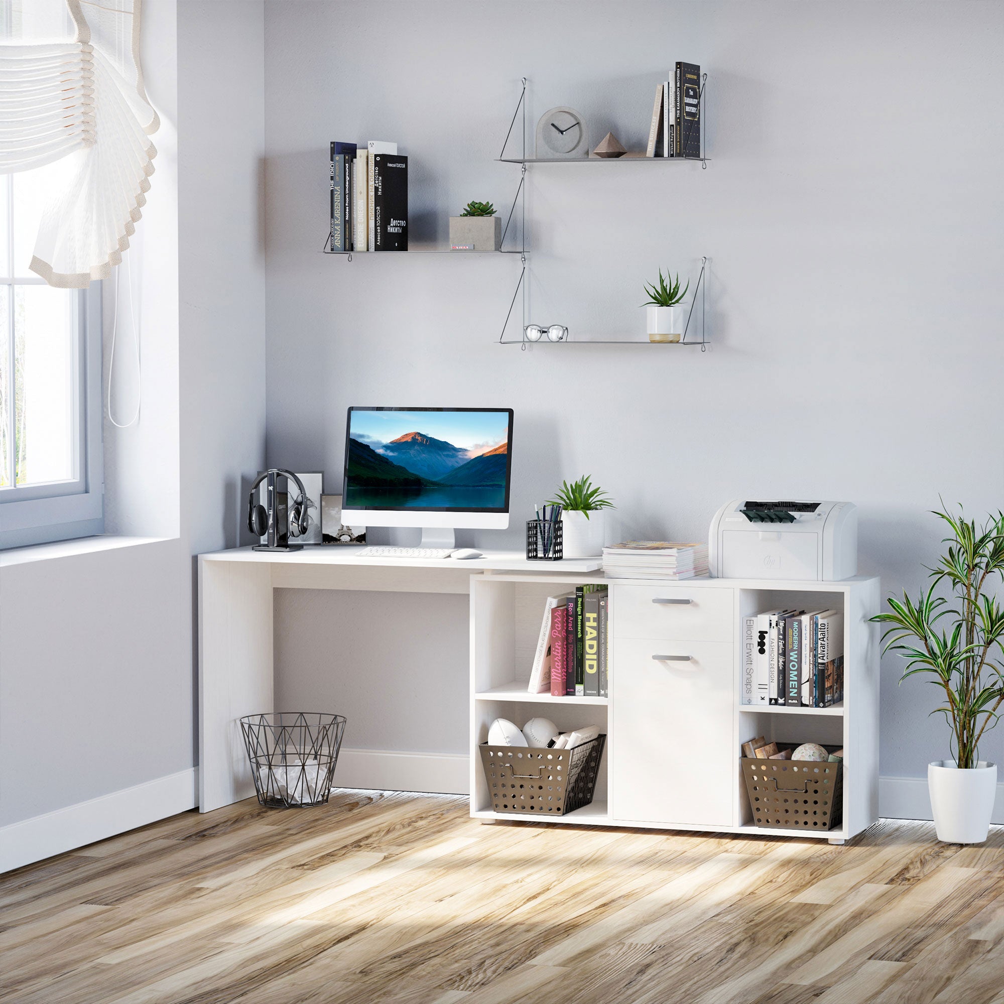 HOMCOM L-Shaped Computer Desk with Storage Compartments, Drawer and Cabinet, Laptop PC Corner Table, Home Office Workstation, 120 x 115 x 76cm, White - North Peak Garden Furniture
