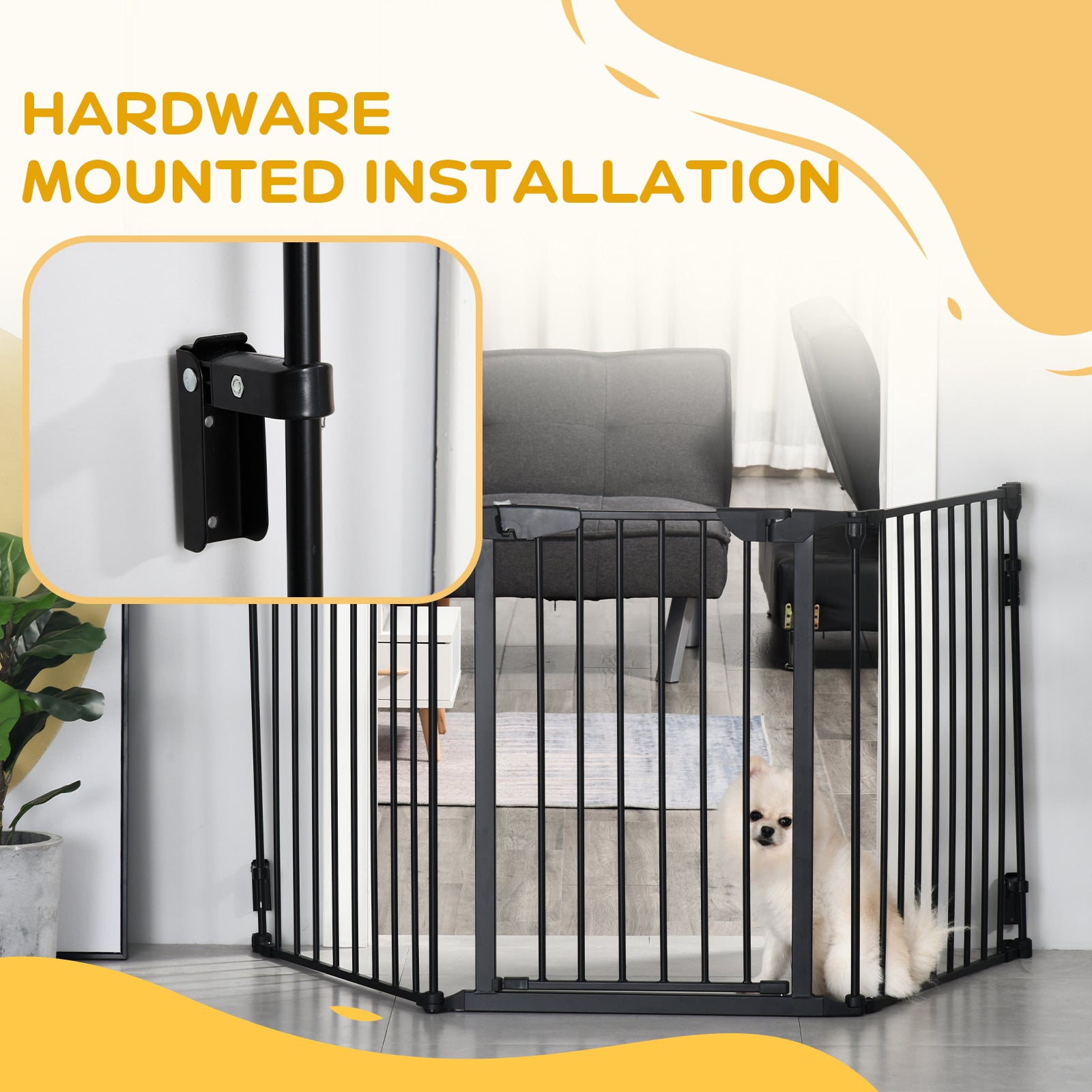 PawHut Pet Safety Gate, 3 Panels Playpen Fireplace, Metal Fence, Stair Barrier, Room Divider w/ Walk-Through Door - Black - North Peak Garden Furniture