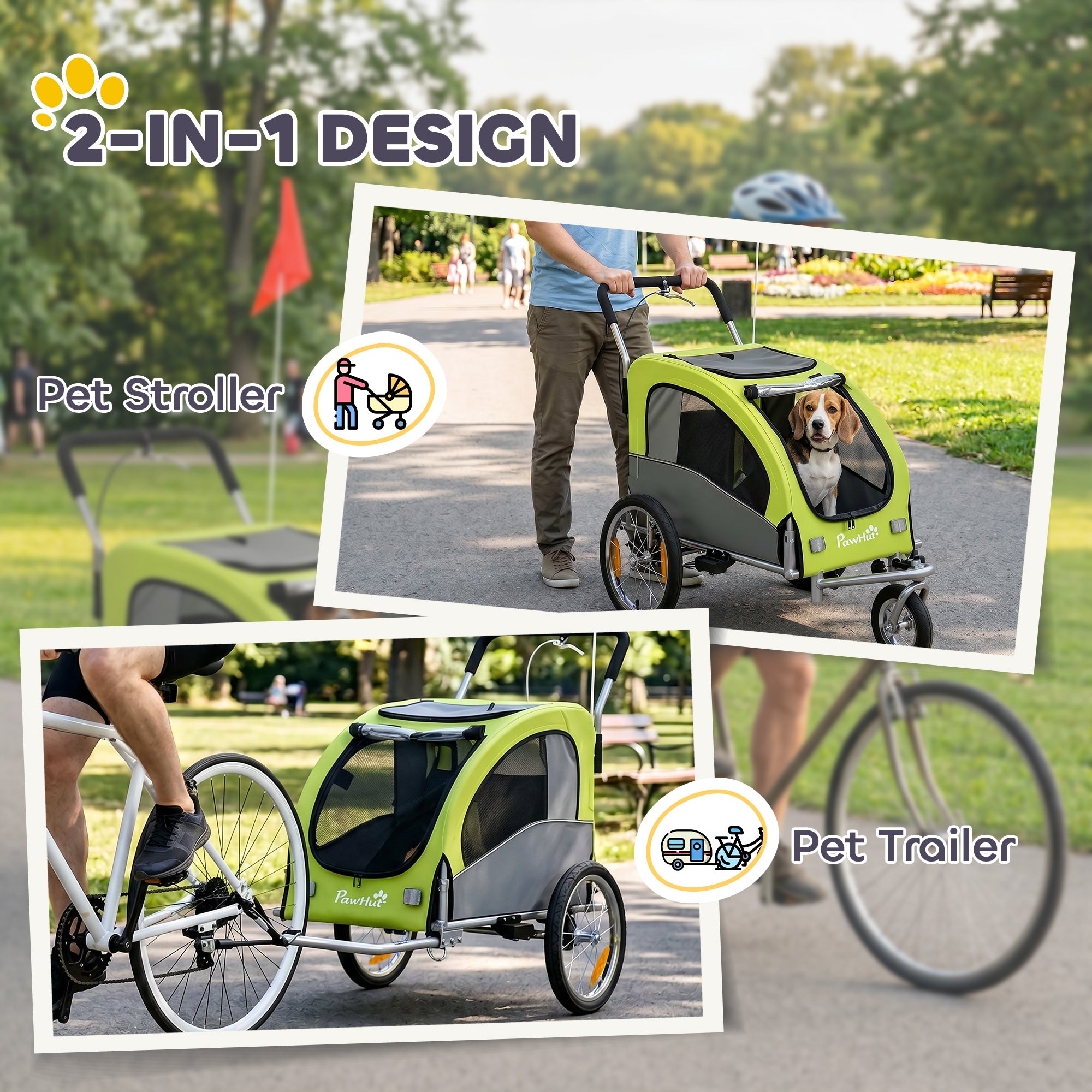 PawHut 2 in 1 Dog Bike Trailer, Foldable Pet Stroller, Dog Bicycle Trailer with Suspension, for Medium Dogs up to 20kg, Green