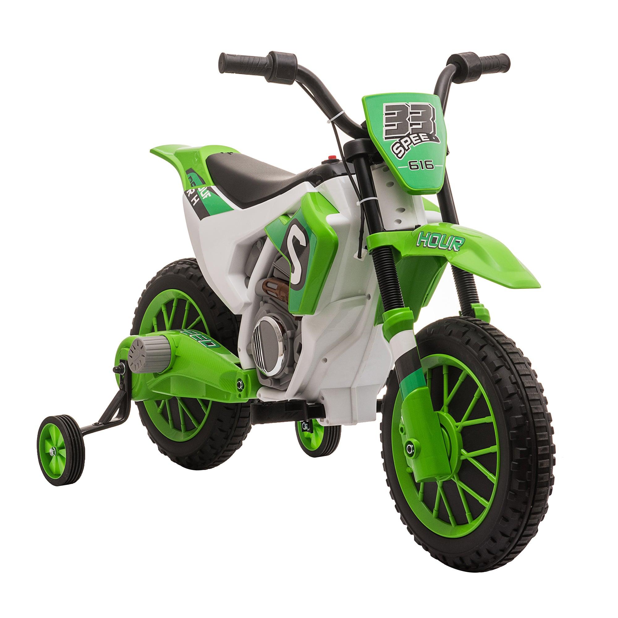 HOMCOM 12V Kids Electric Motorcycle Ride-On, with Training Wheels, for Ages 3-6 Years - Green - North Peak Garden Furniture