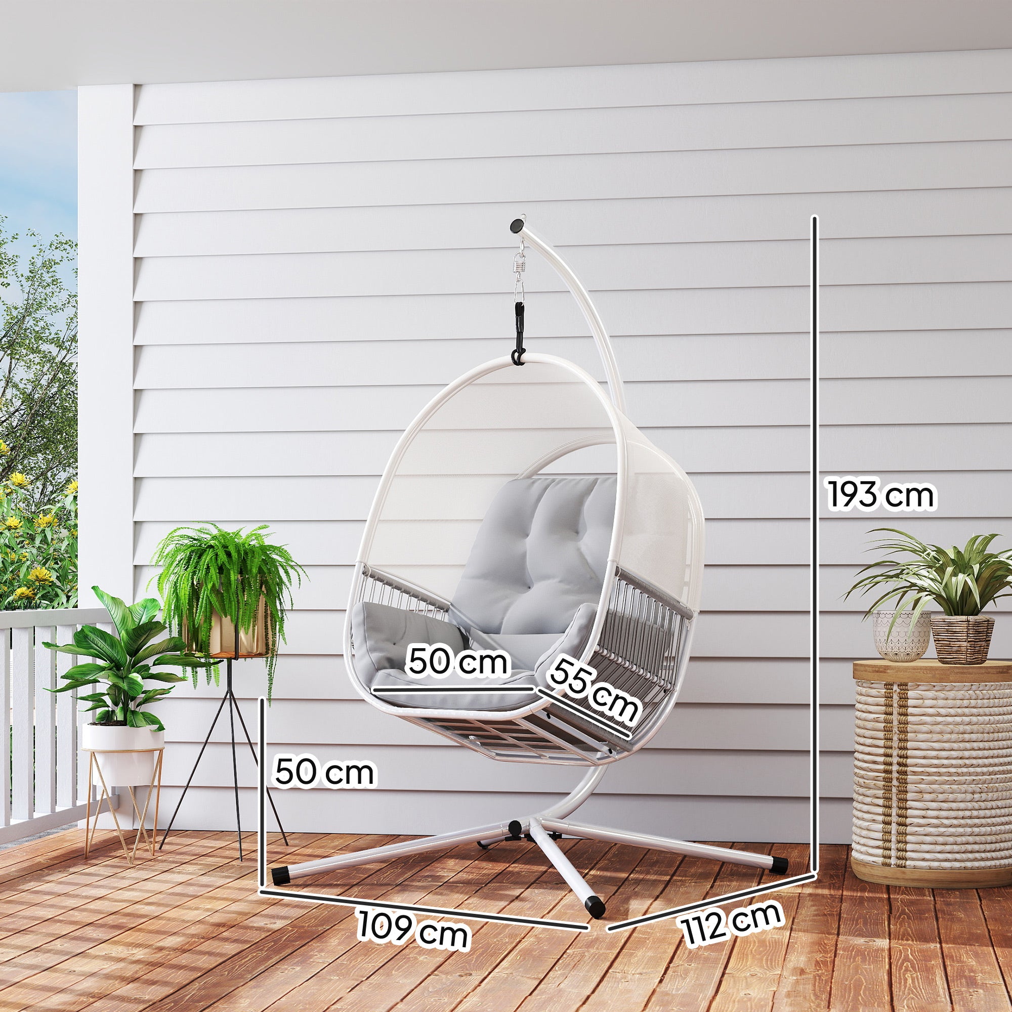 Outsunny Hanging Egg Chair Outdoor Indoor, Swing Hammock Chair with Stand, Cushions, Lumbar Pillow, Adjustable Height and Steel Frame for Garden Patio Lounge Porch, Light Grey - North Peak Garden Furniture